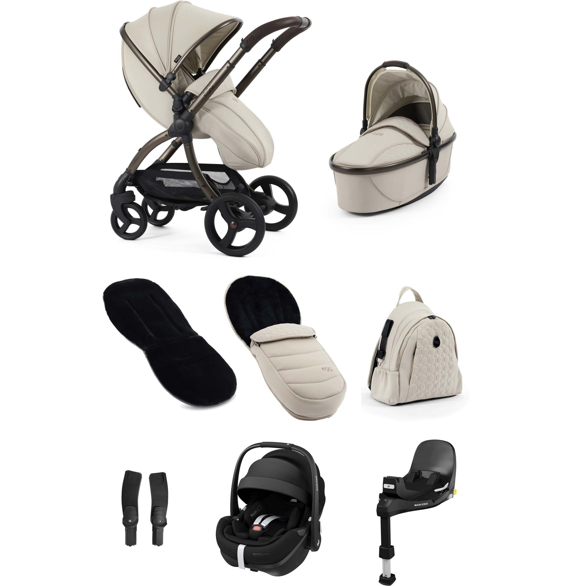 egg3® Stroller Luxury Bundle Cashmere + Pebble 360 PRO 2 Car Seat & Base