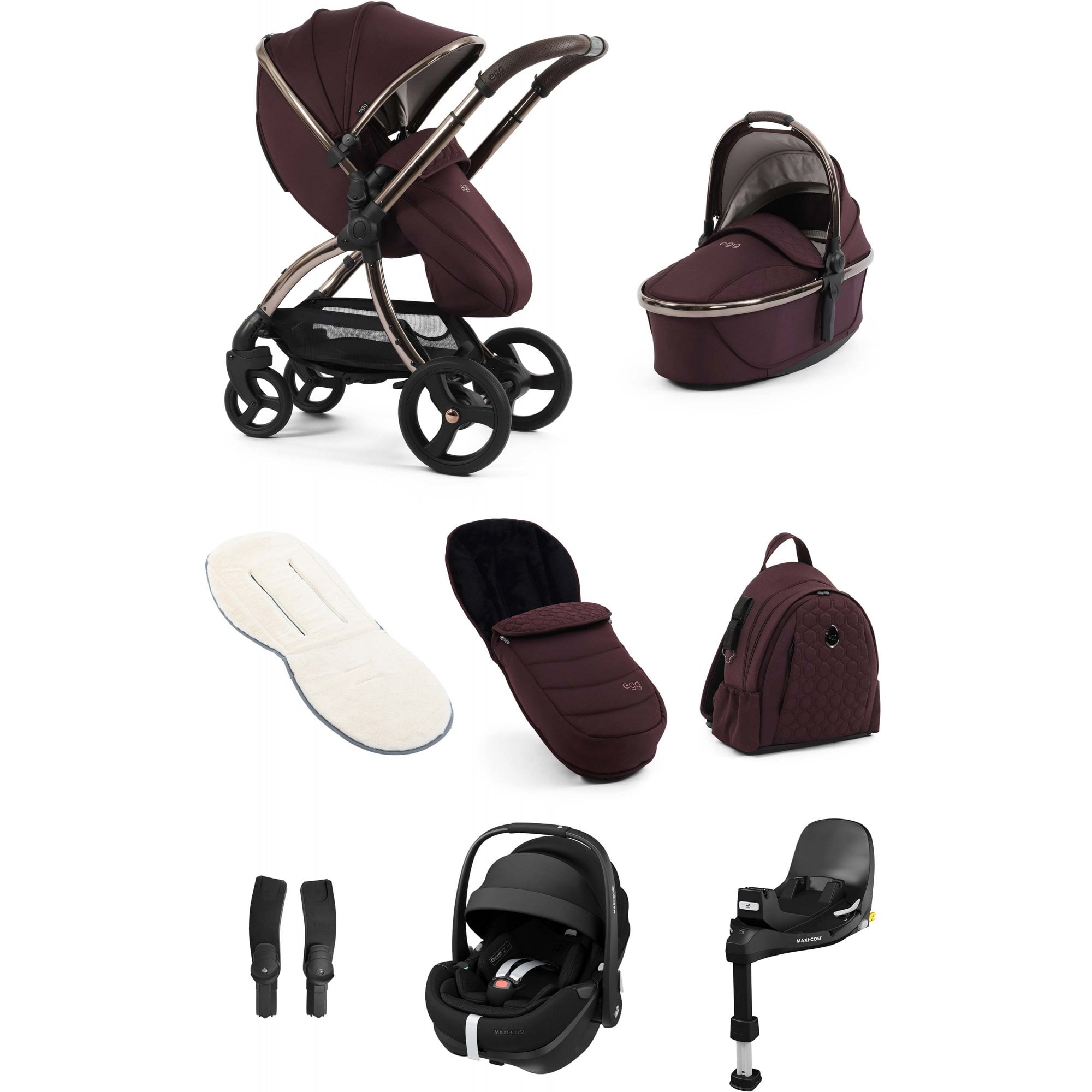egg3® Stroller Luxury Bundle Mulberry + Pebble 360 PRO 2 Car Seat & Base