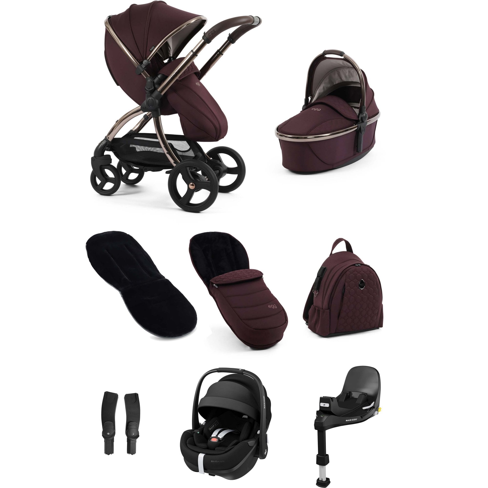 egg3® Stroller Luxury Bundle Mulberry + Pebble 360 PRO 2 Car Seat & Base