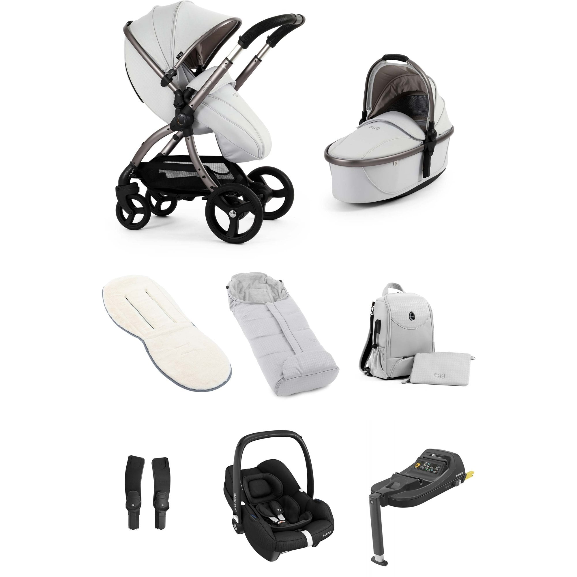 egg3® Stroller Luxury Bundle Houndstooth Silver + Cabriofix i-Size & Base