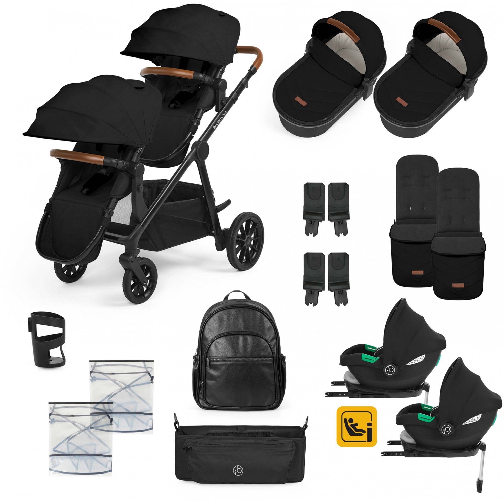 Ickle Bubba Virgo Twin 18 Piece Travel System with i-Size & ISOFIX Bases Bundle Black