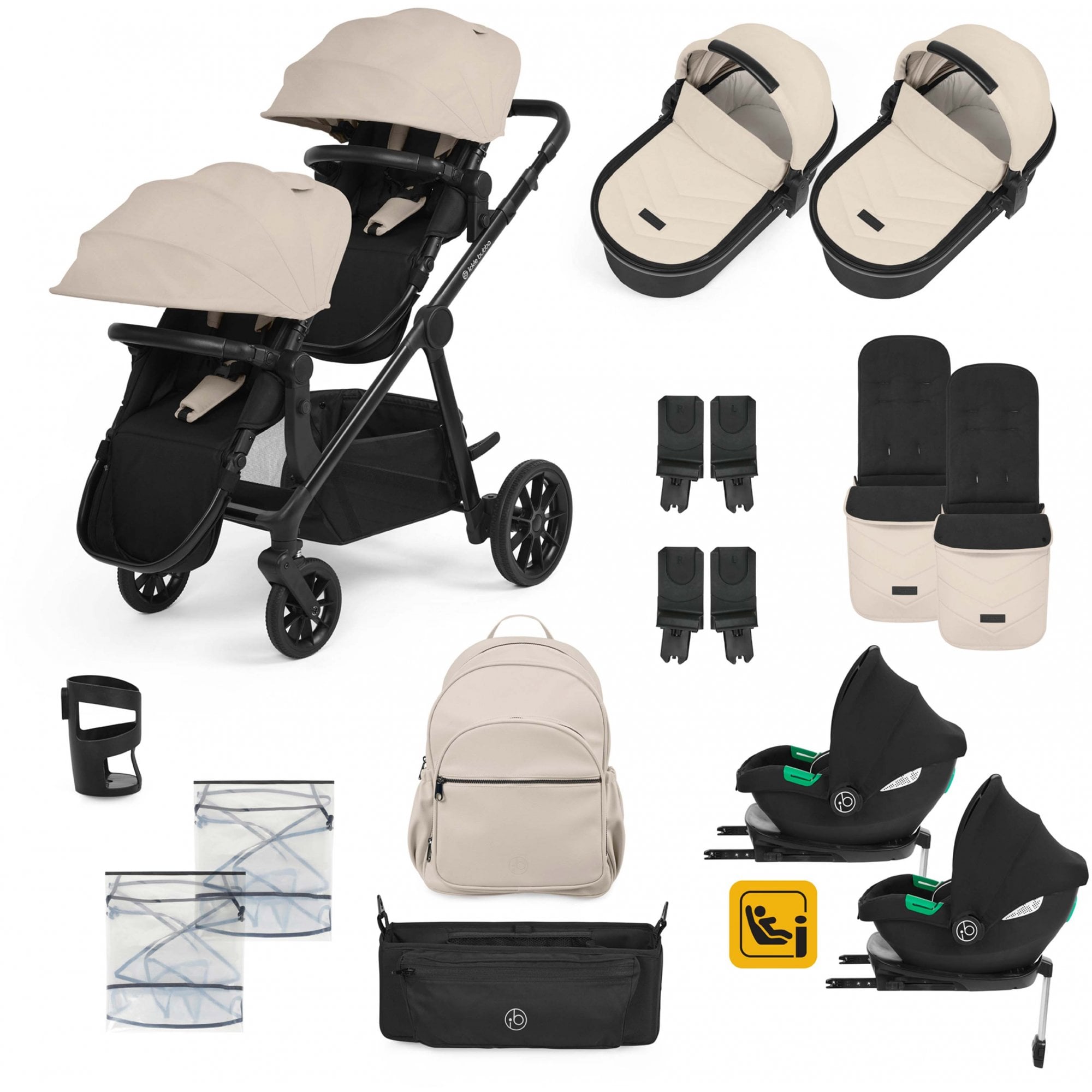 Ickle Bubba Virgo Twin 18 Piece Travel System with i-Size & ISOFIX Bases Stone