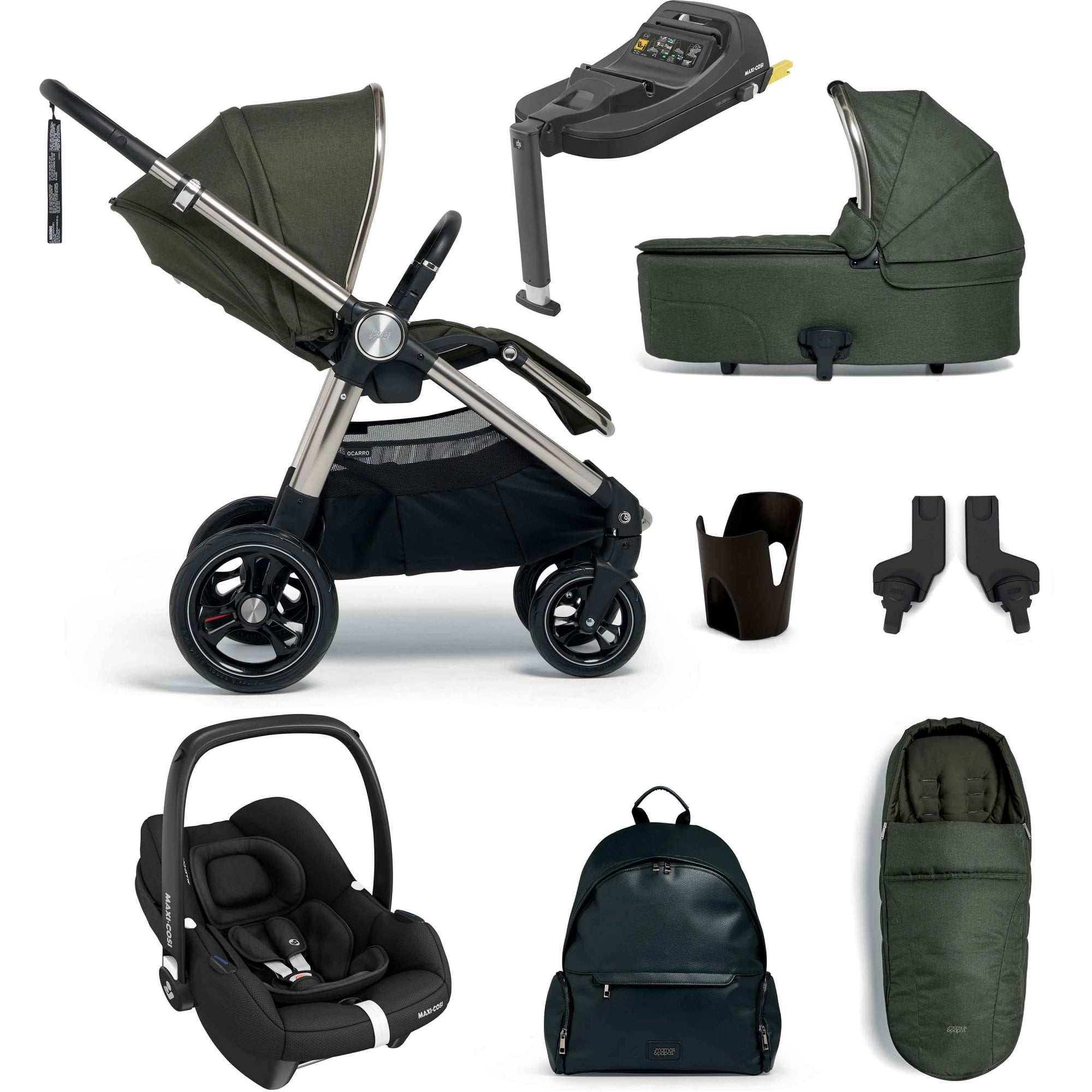 Mamas & Papas Ocarro Pushchair Essential Bundle Hunter Green + Cabriofix & Base