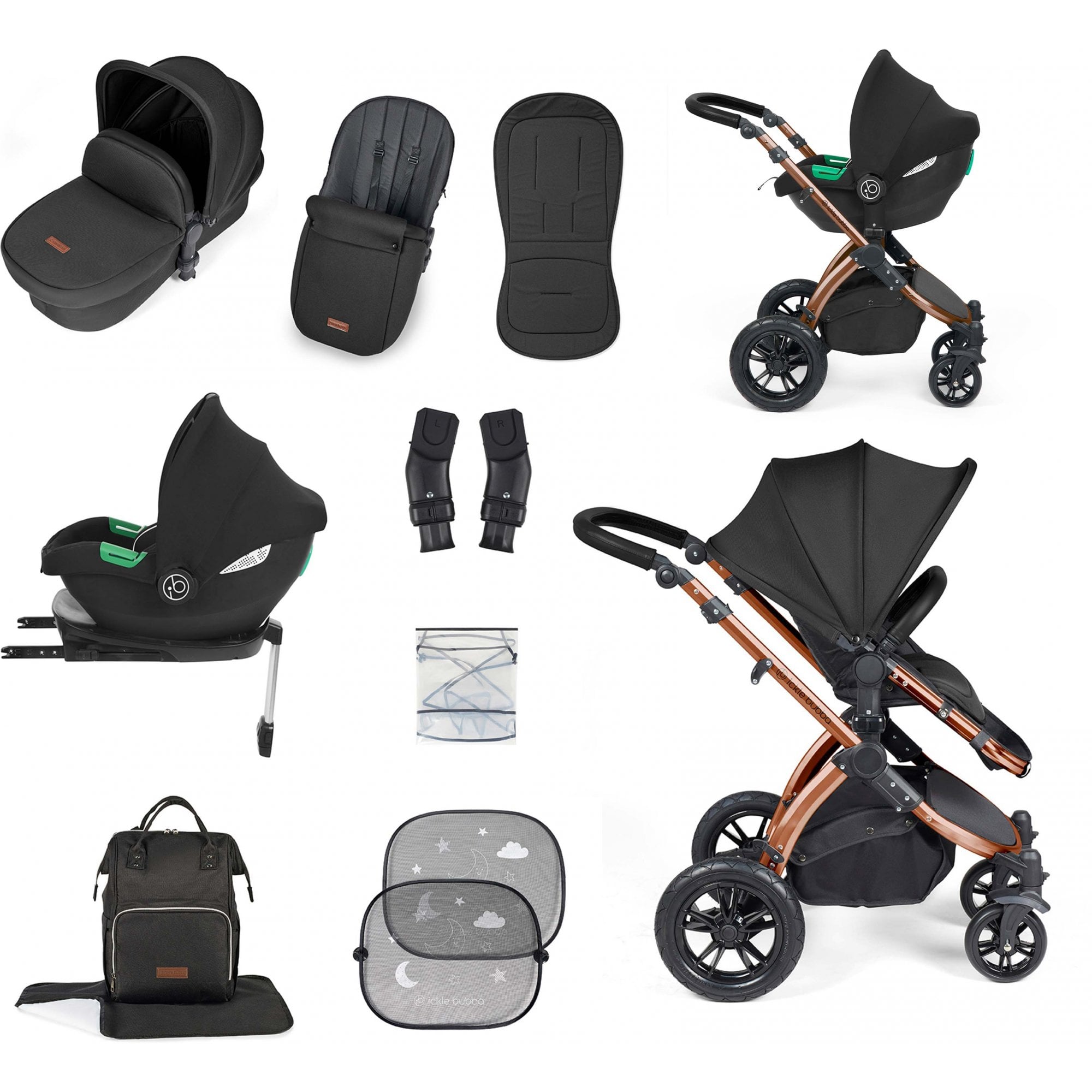 Ickle Bubba Stomp Luxe 12 Piece Travel System & Cirrus Car Seat + Base Midnight