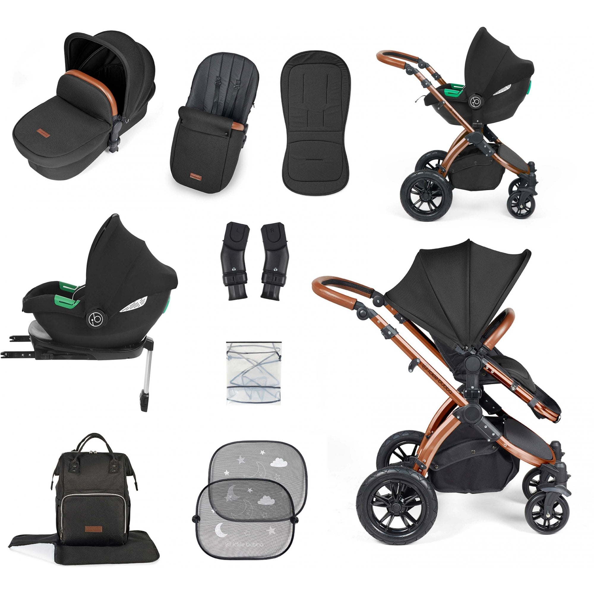 Ickle Bubba Stomp Luxe 12 Piece Travel System & Cirrus Car Seat + Base Midnight