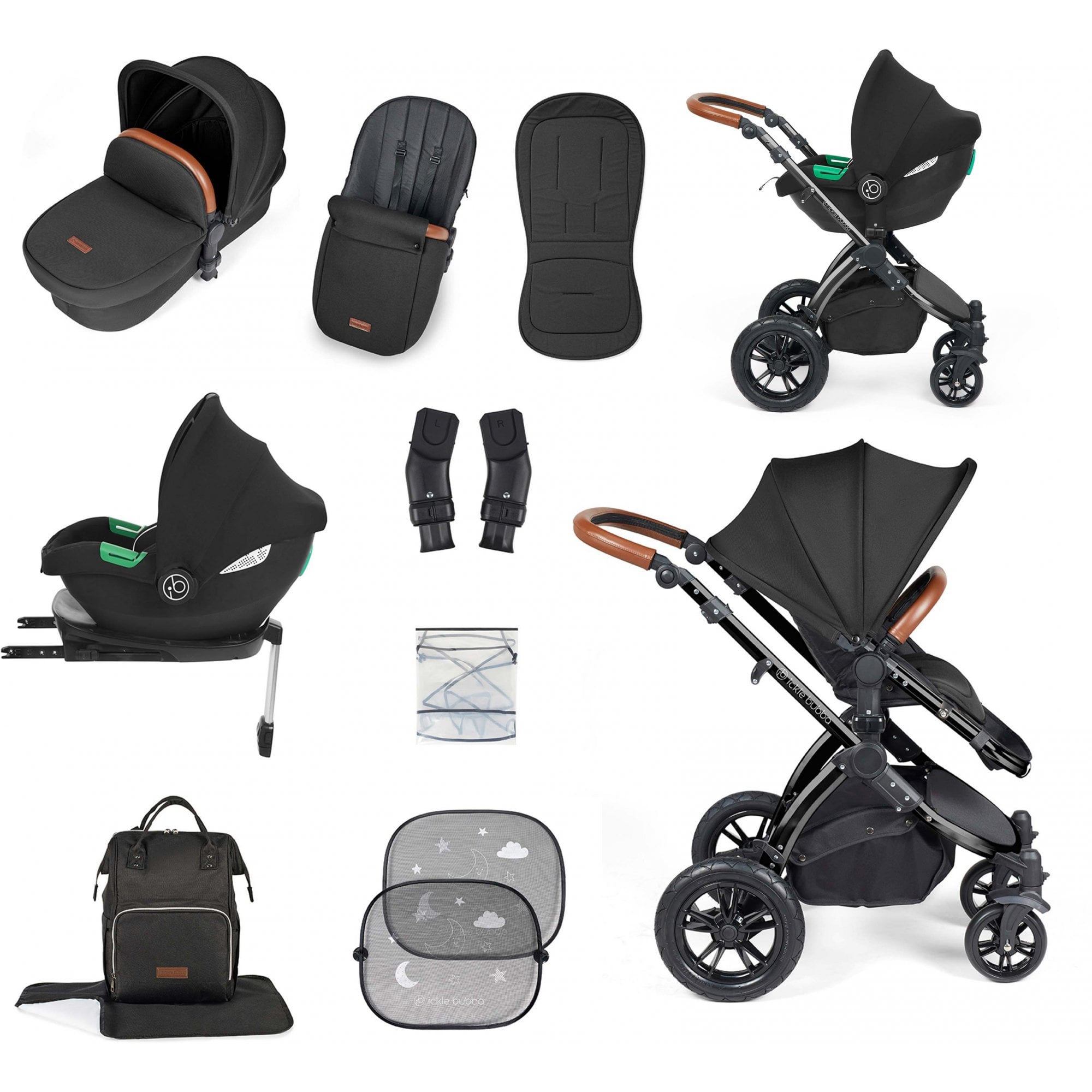 Ickle Bubba Stomp Luxe 12 Piece Travel System & Cirrus Car Seat + Base Midnight