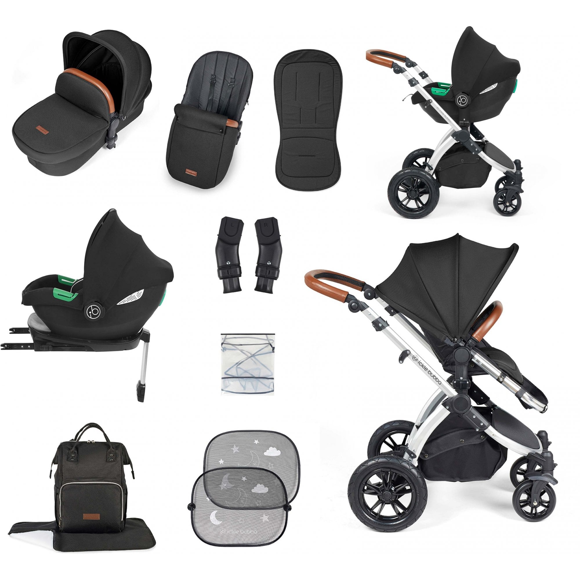 Ickle Bubba Stomp Luxe 12 Piece Travel System & Cirrus Car Seat + Base Midnight