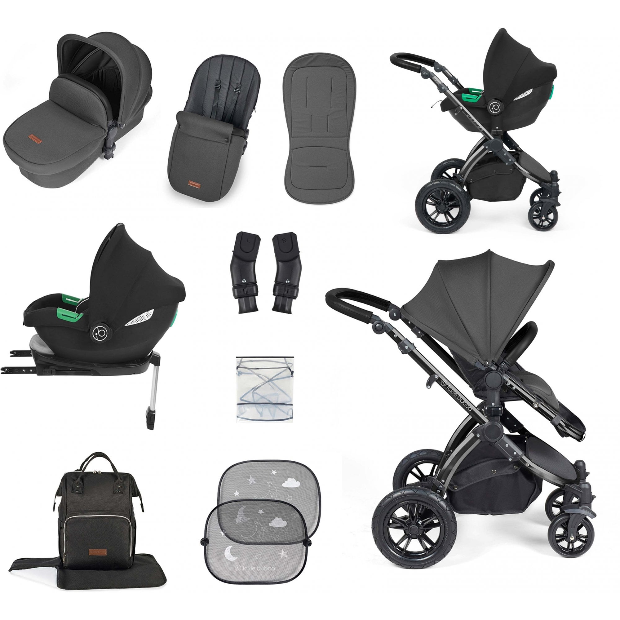 Ickle Bubba Stomp Luxe 12 Piece Travel System & i-Size Cirrus Car Seat + Base Charcoal