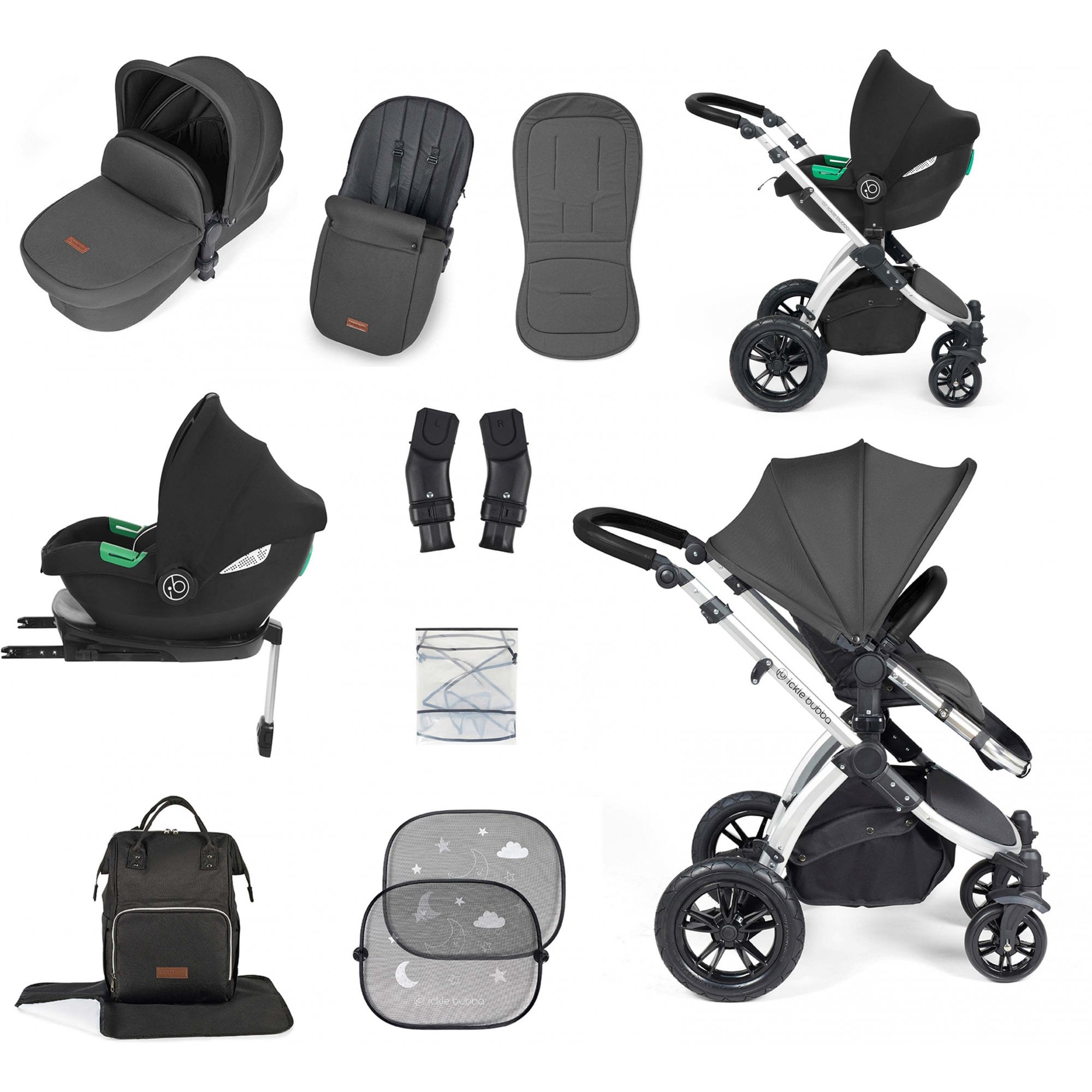 Ickle Bubba Stomp Luxe 12 Piece Travel System & i-Size Cirrus Car Seat + Base Charcoal