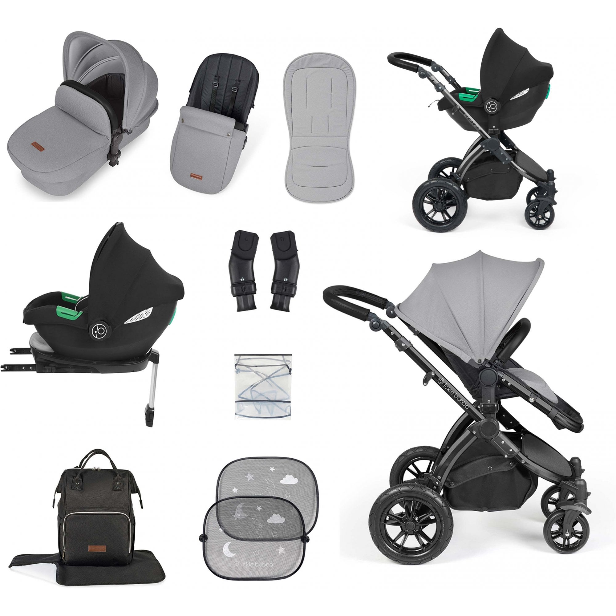Ickle Bubba Stomp Luxe 12 Piece Travel System & i-Size Cirrus Car Seat + Base Pearl Grey