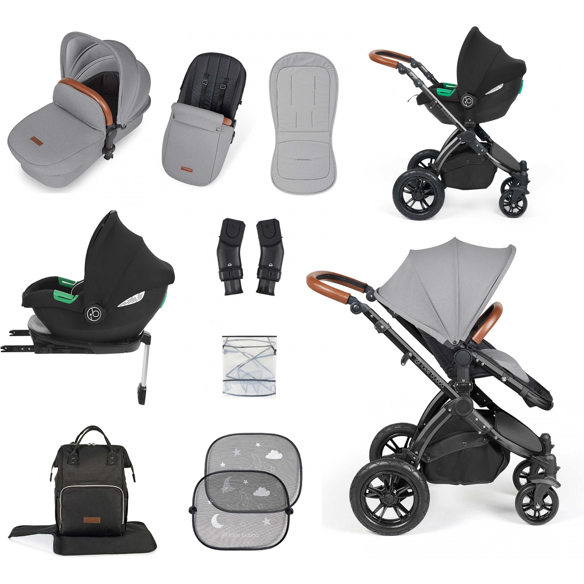 Ickle Bubba Stomp Luxe 12 Piece Travel System & i-Size Cirrus Car Seat + Base Pearl Grey
