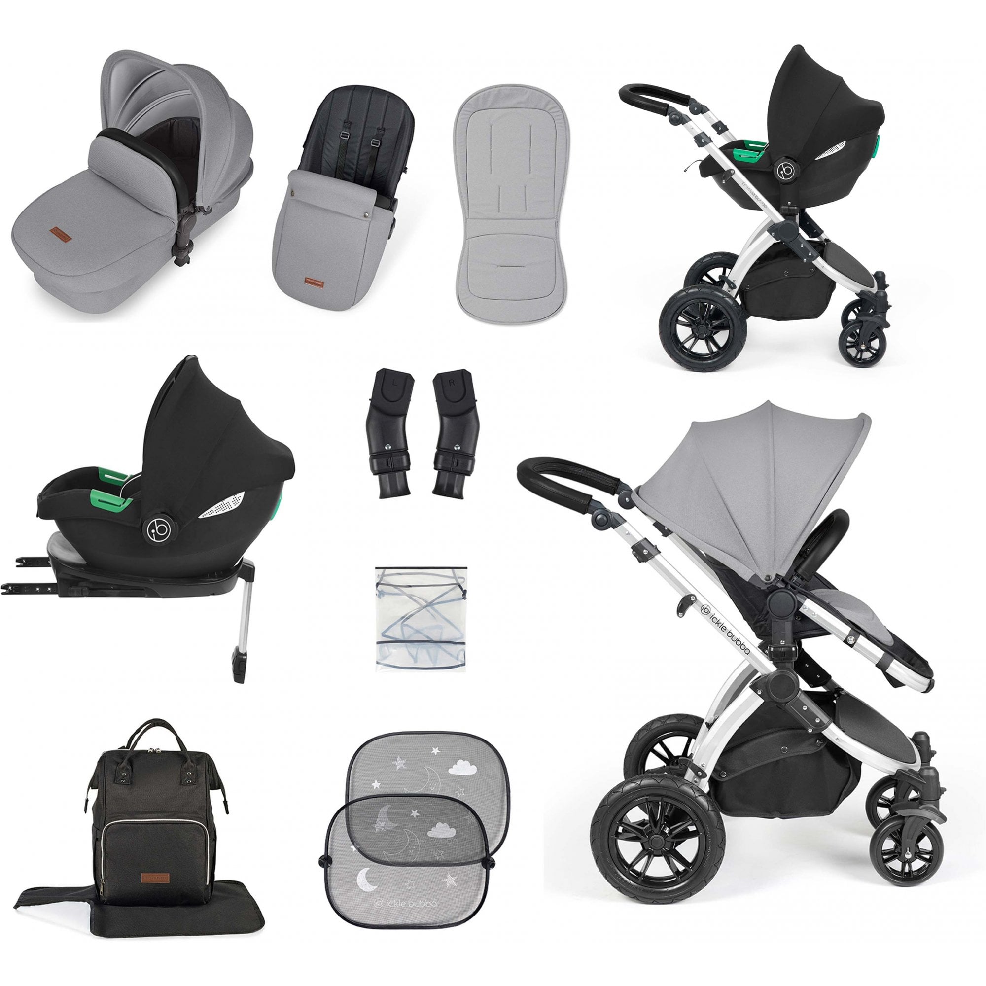 Ickle Bubba Stomp Luxe 12 Piece Travel System & i-Size Cirrus Car Seat + Base Pearl Grey