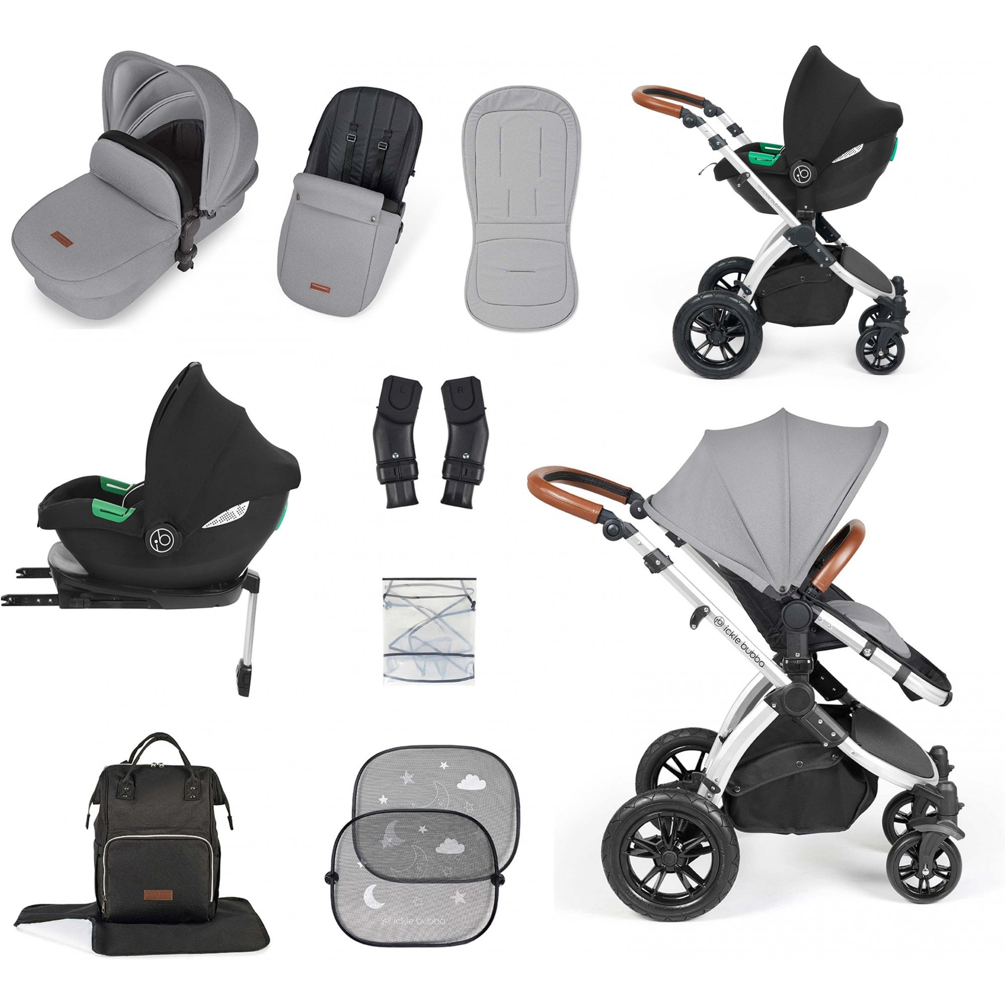 Ickle Bubba Stomp Luxe 12 Piece Travel System & i-Size Cirrus Car Seat + Base Pearl Grey