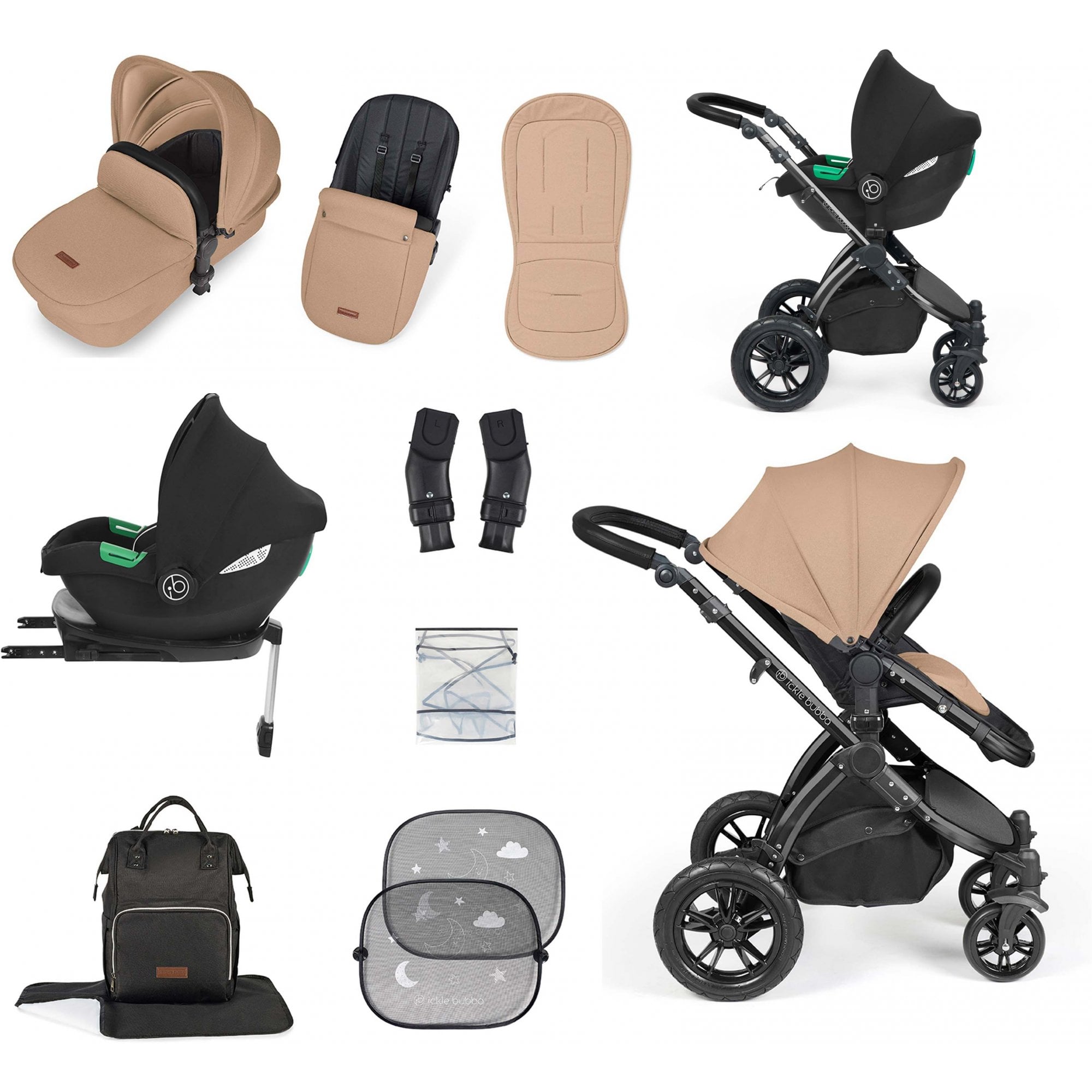 Ickle Bubba Stomp Luxe 12 Piece Travel System & i-Size Cirrus Car Seat +Base Desert