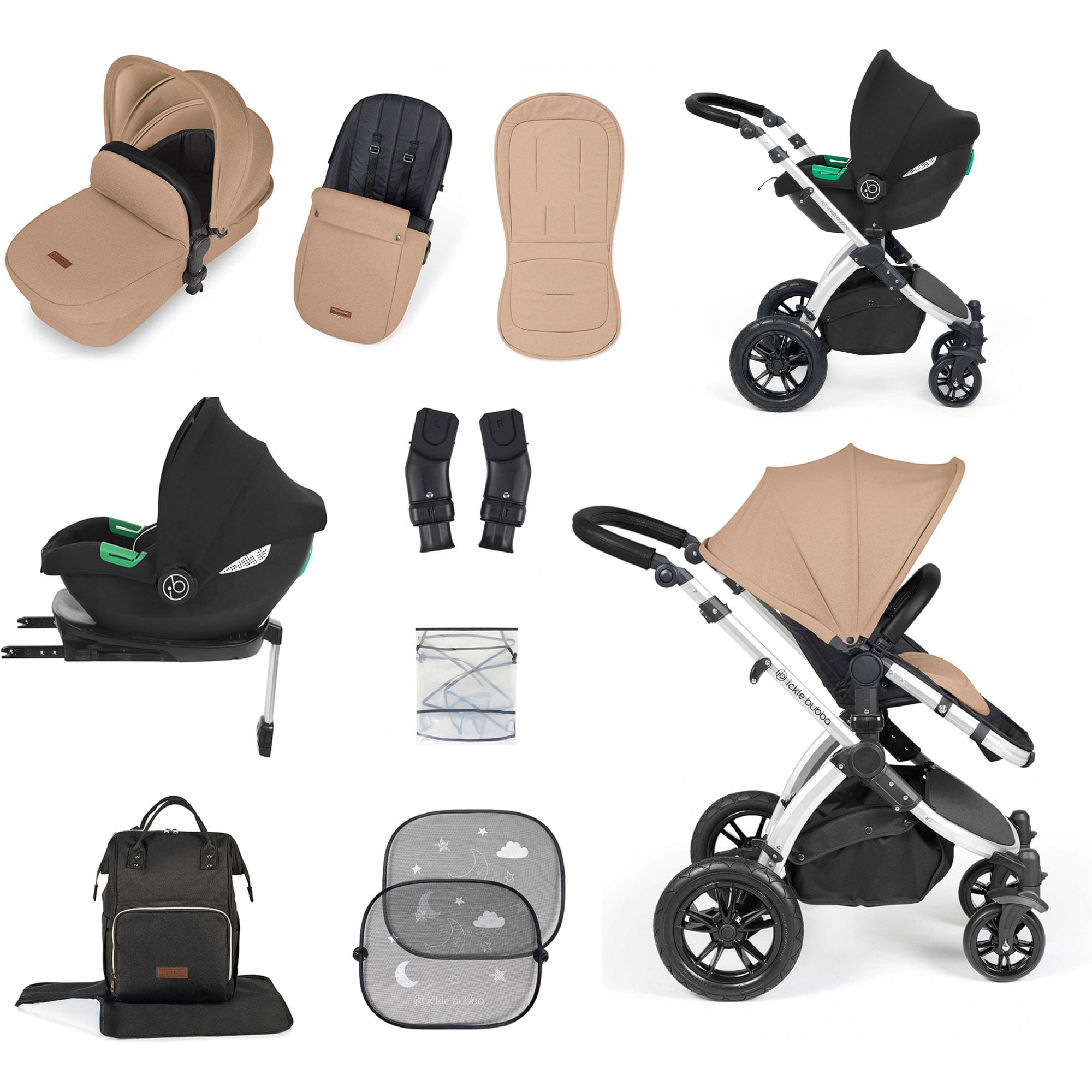 Ickle Bubba Stomp Luxe 12 Piece Travel System & i-Size Cirrus Car Seat +Base Desert