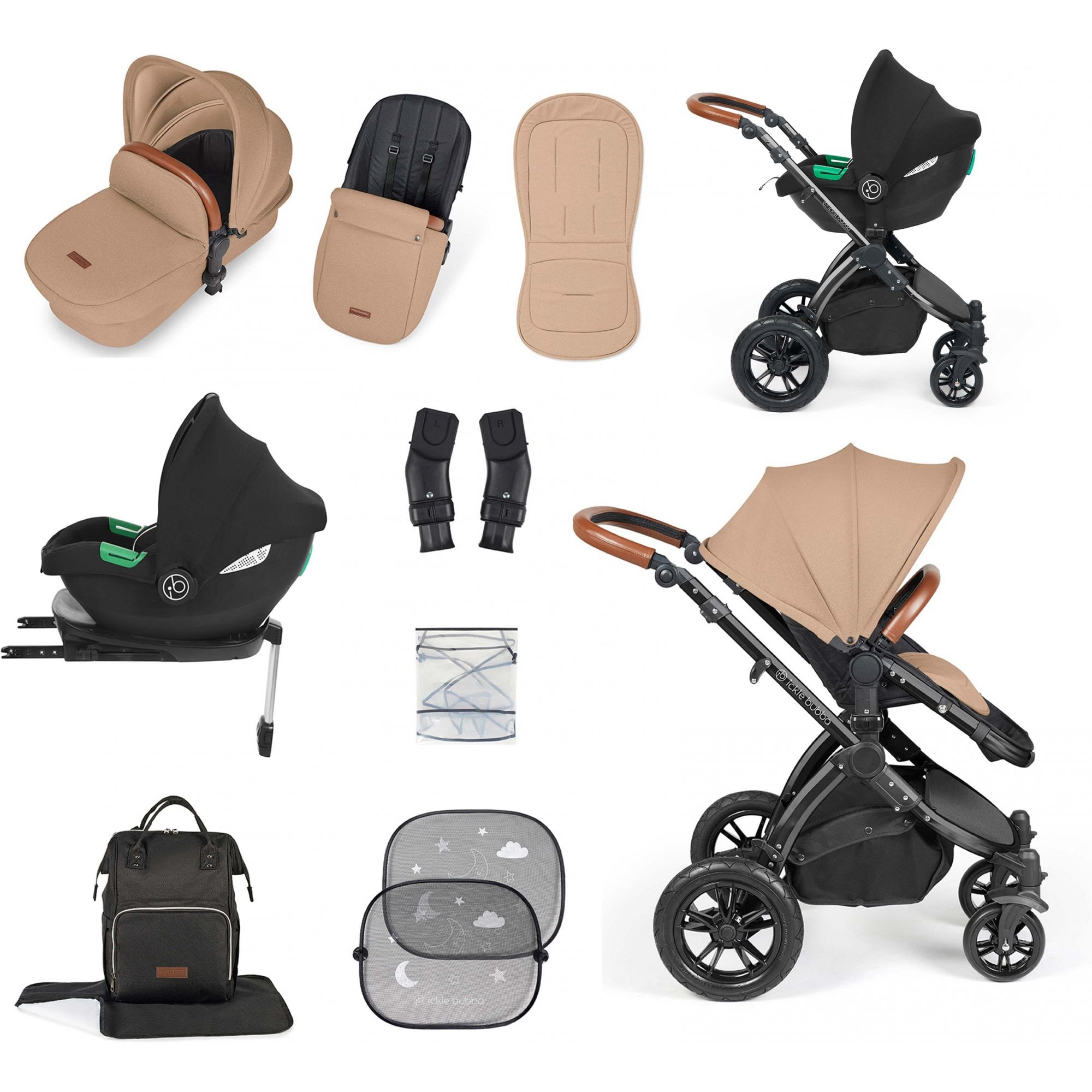 Ickle Bubba Stomp Luxe 12 Piece Travel System & i-Size Cirrus Car Seat +Base Desert