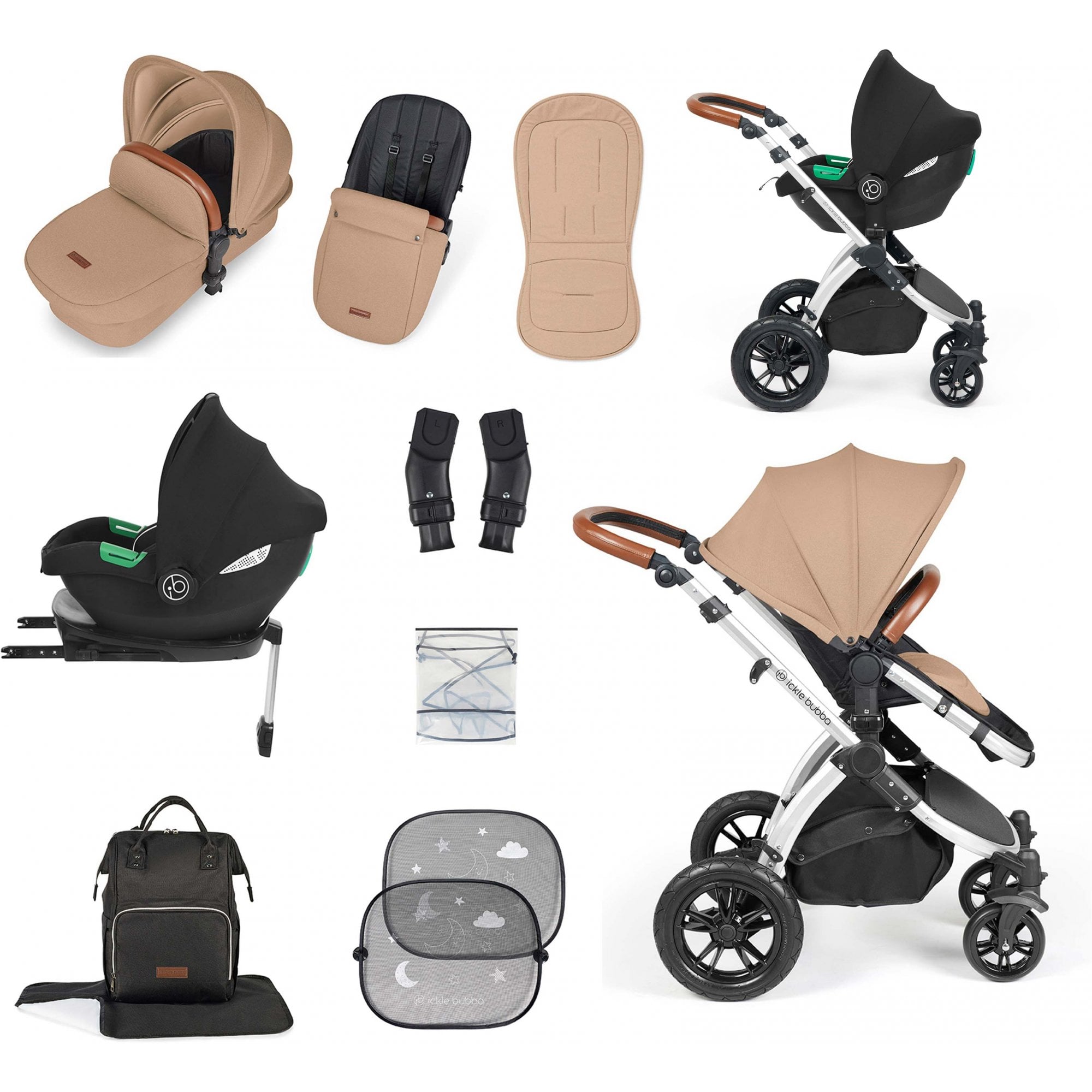 Ickle Bubba Stomp Luxe 12 Piece Travel System & i-Size Cirrus Car Seat +Base Desert
