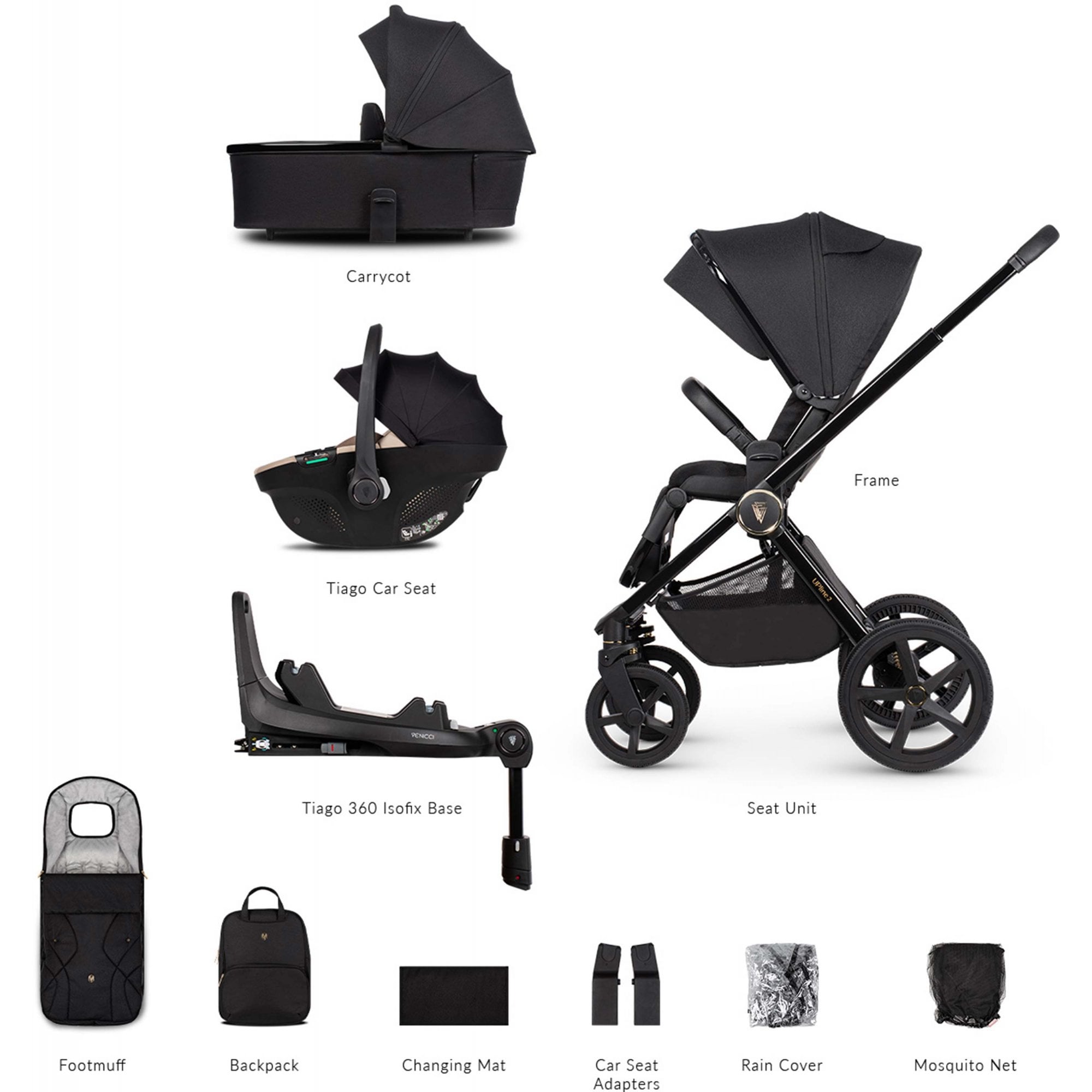 Venicci Upline 2 All Black 3in1 Travel System + Tiago Beige & Base