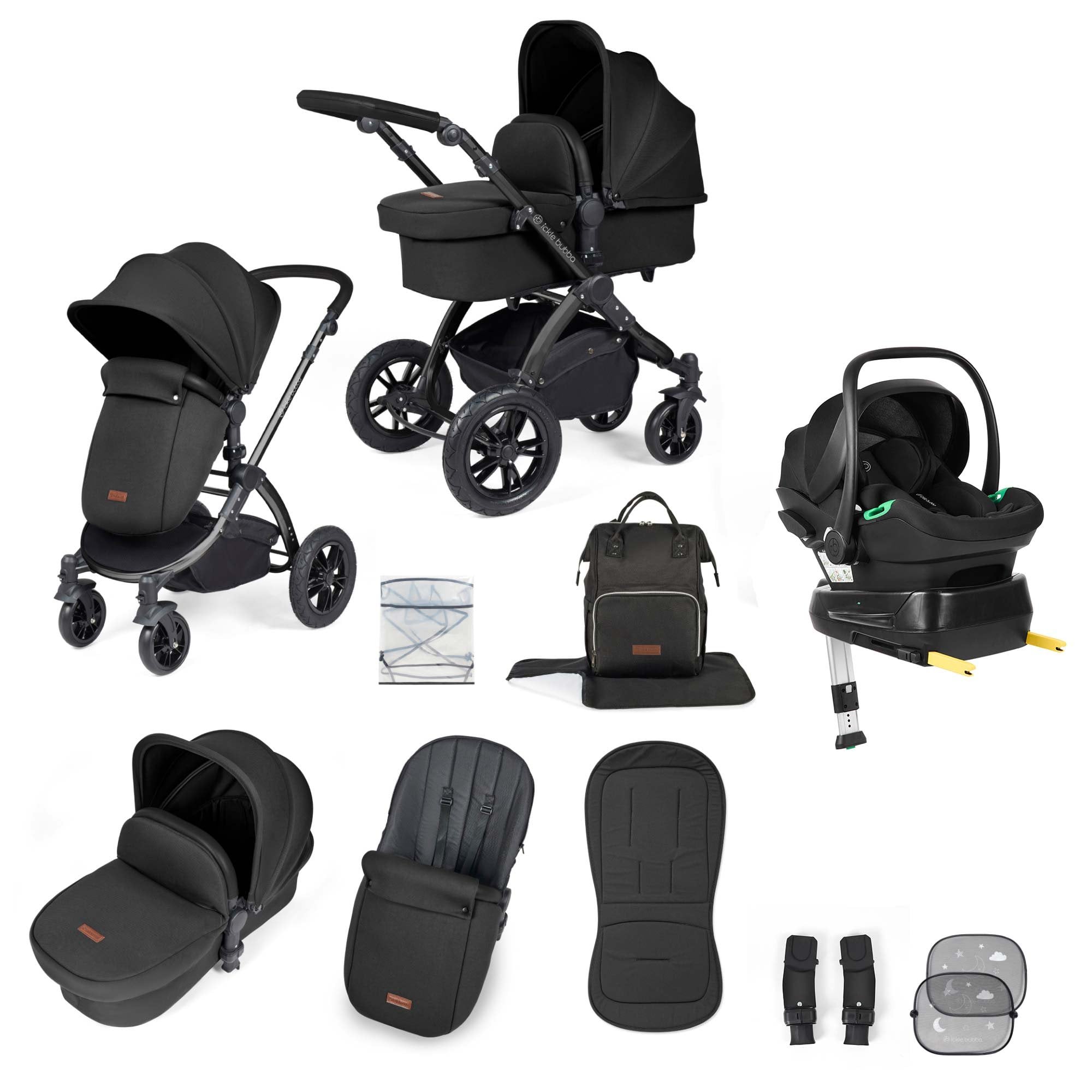 Ickle Bubba Stomp Luxe 12 Piece Travel System + Nimbus Car Seat & ISOFIX Base Midnight