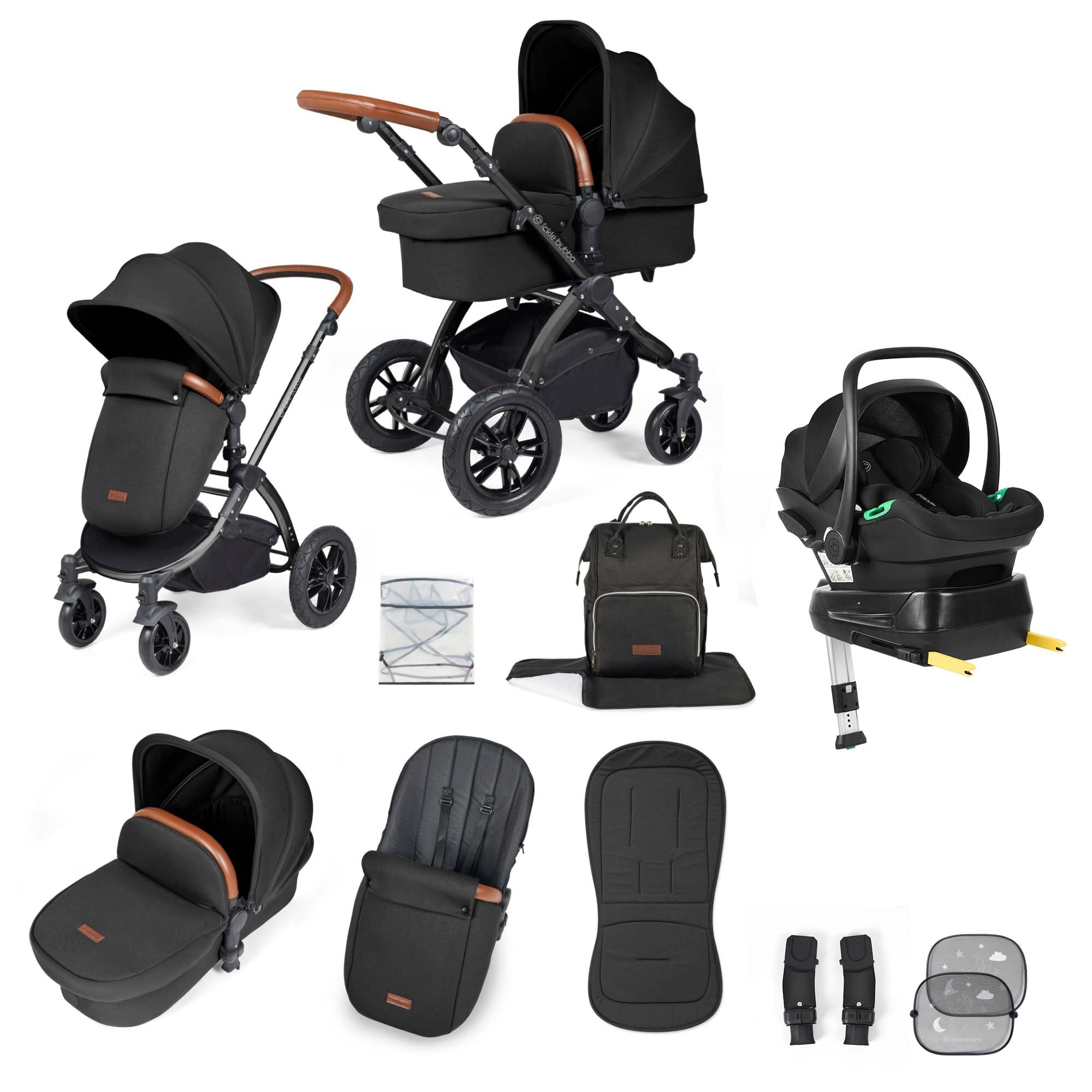 Ickle Bubba Stomp Luxe 12 Piece Travel System + Nimbus Car Seat & ISOFIX Base Midnight