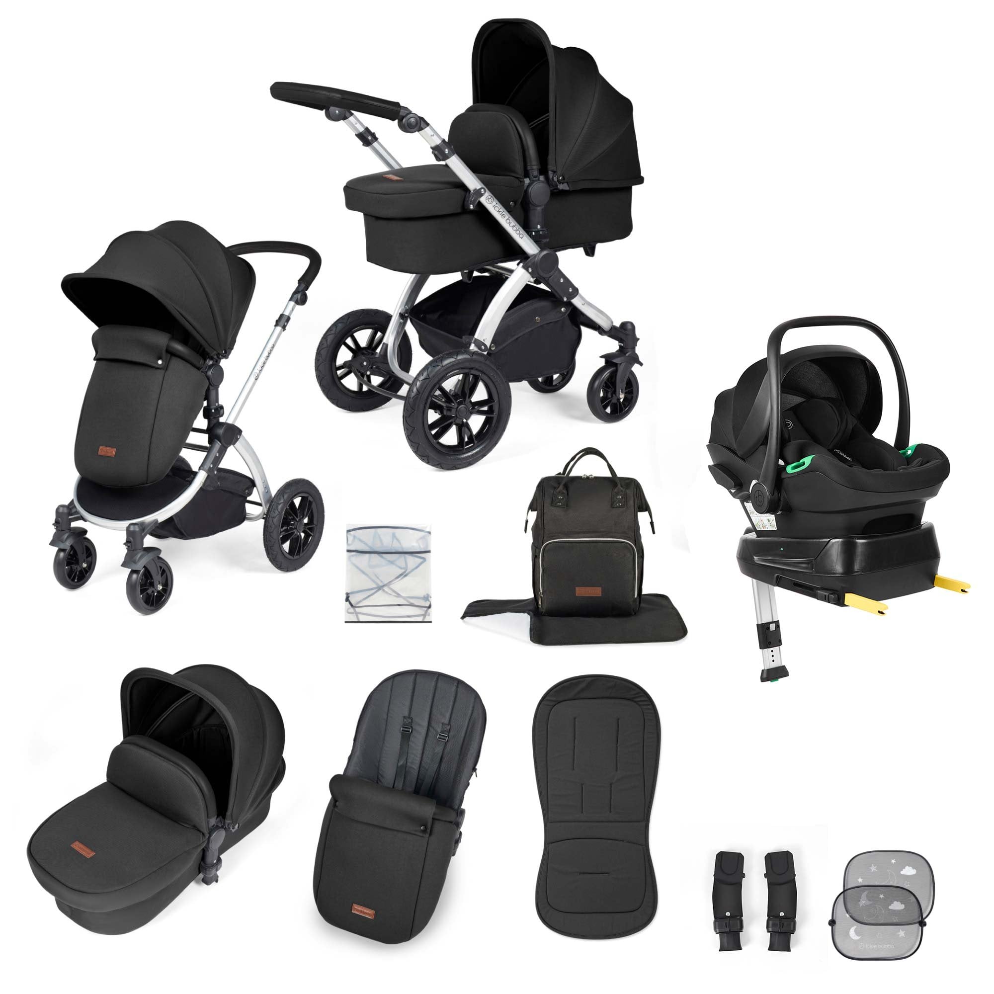 Ickle Bubba Stomp Luxe 12 Piece Travel System + Nimbus Car Seat & ISOFIX Base Midnight