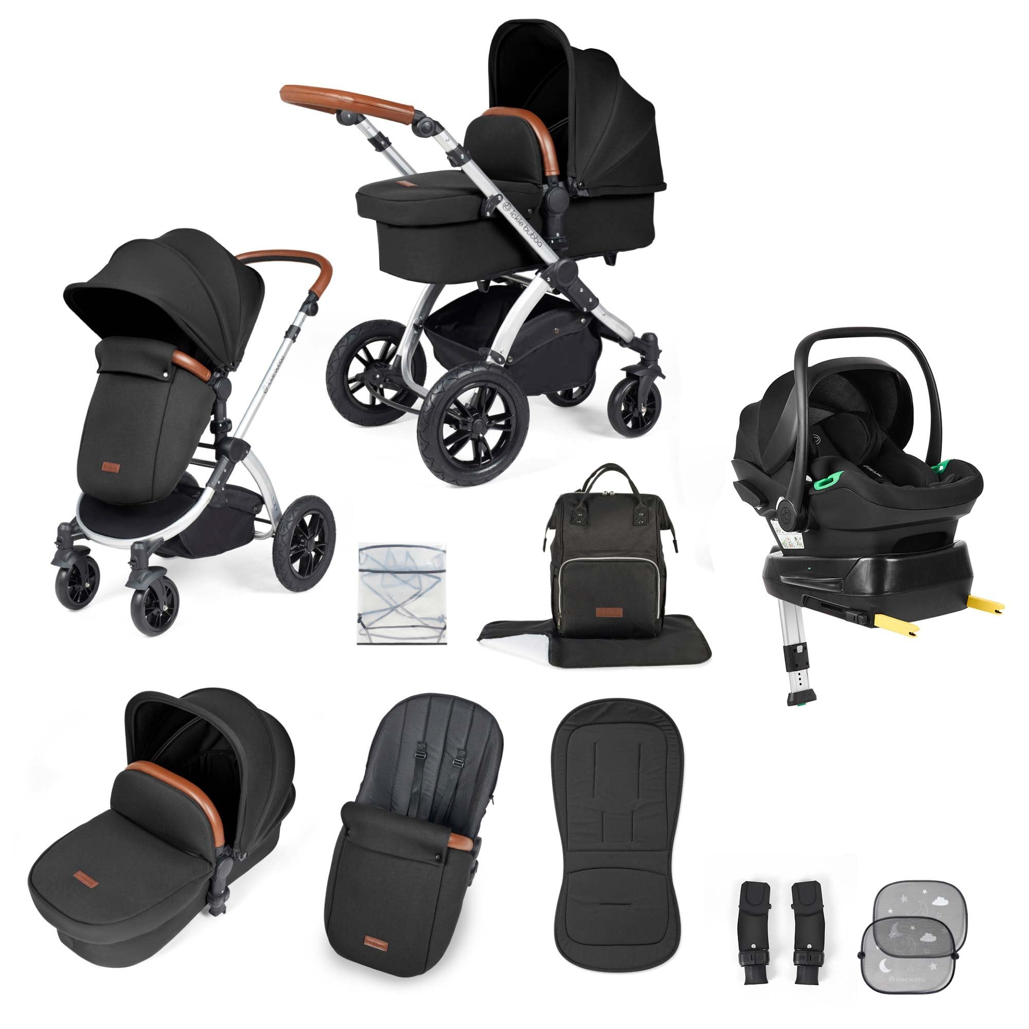Ickle Bubba Stomp Luxe 12 Piece Travel System + Nimbus Car Seat & ISOFIX Base Midnight