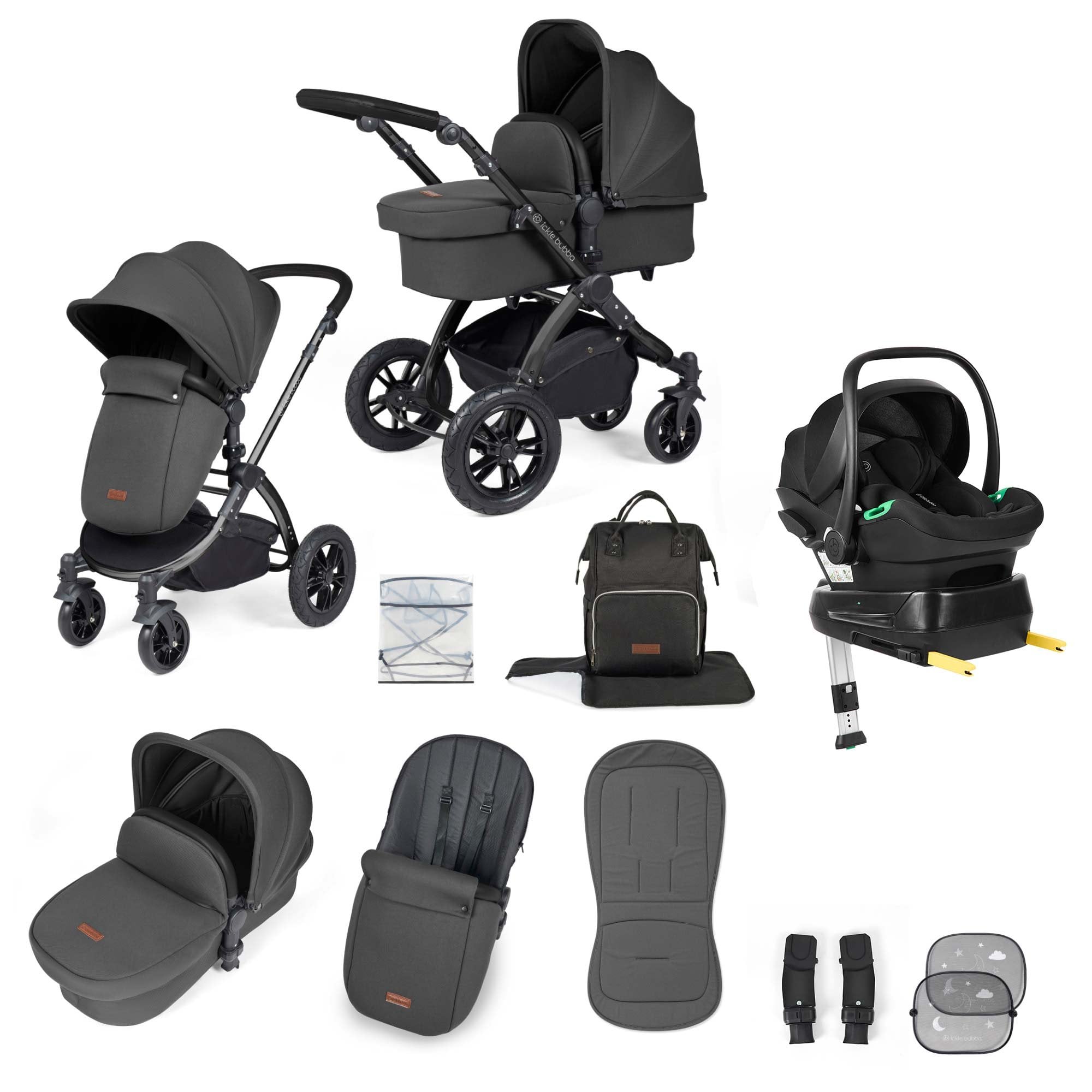 Ickle Bubba Stomp Luxe 12 Piece Travel System + Nimbus Car Seat & ISOFIX Base Charcoal Grey