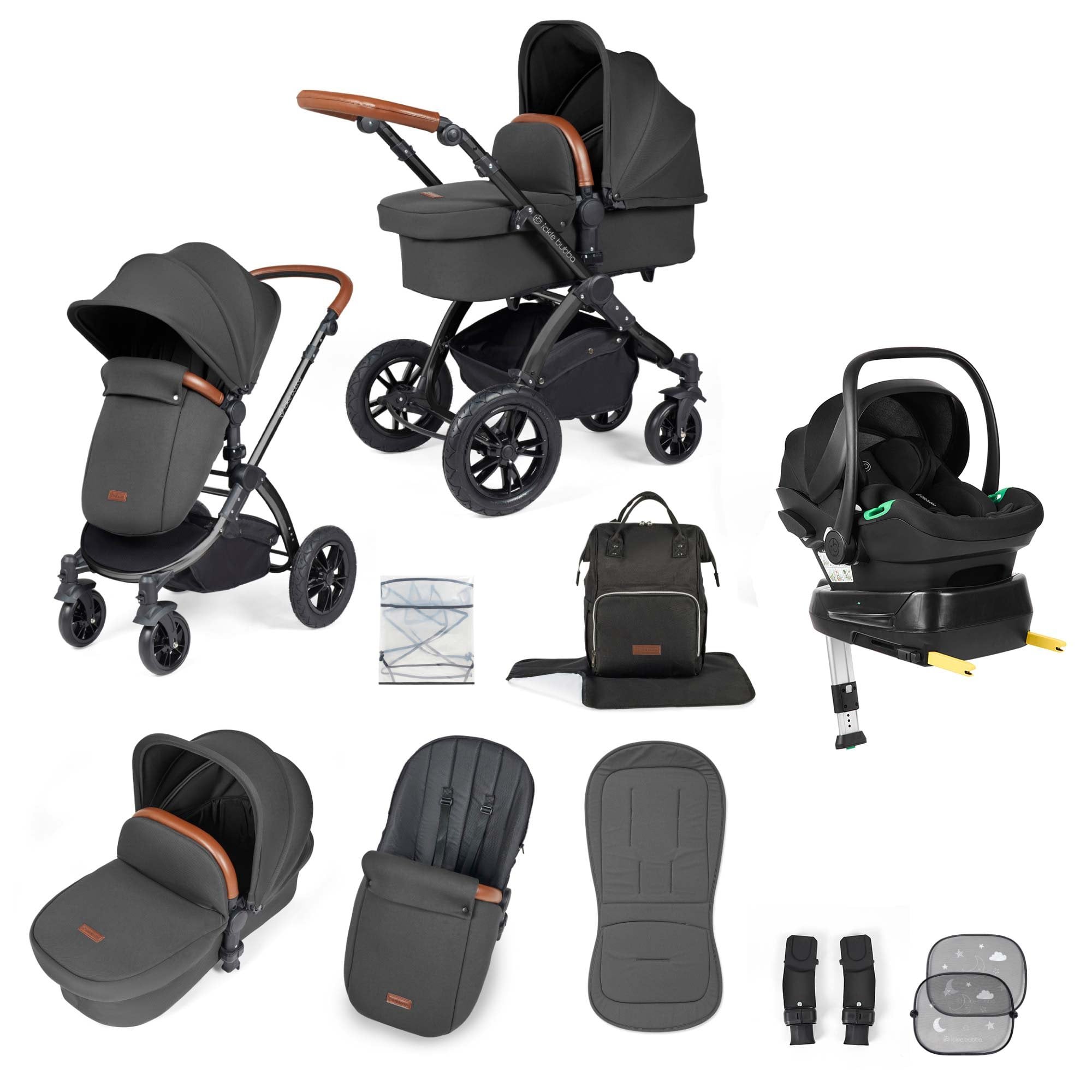 Ickle Bubba Stomp Luxe 12 Piece Travel System + Nimbus Car Seat & ISOFIX Base Charcoal Grey