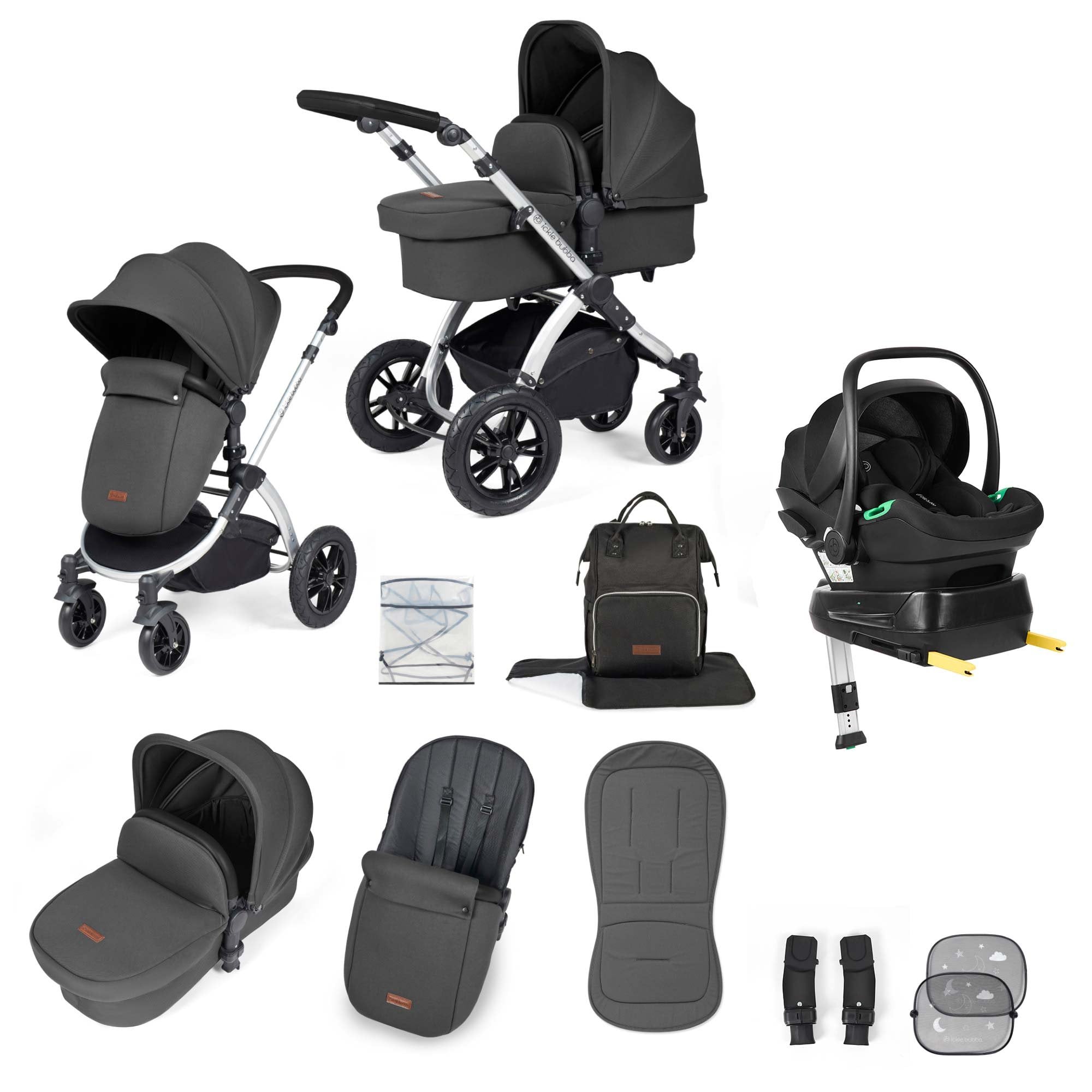 Ickle Bubba Stomp Luxe 12 Piece Travel System + Nimbus Car Seat & ISOFIX Base Charcoal Grey