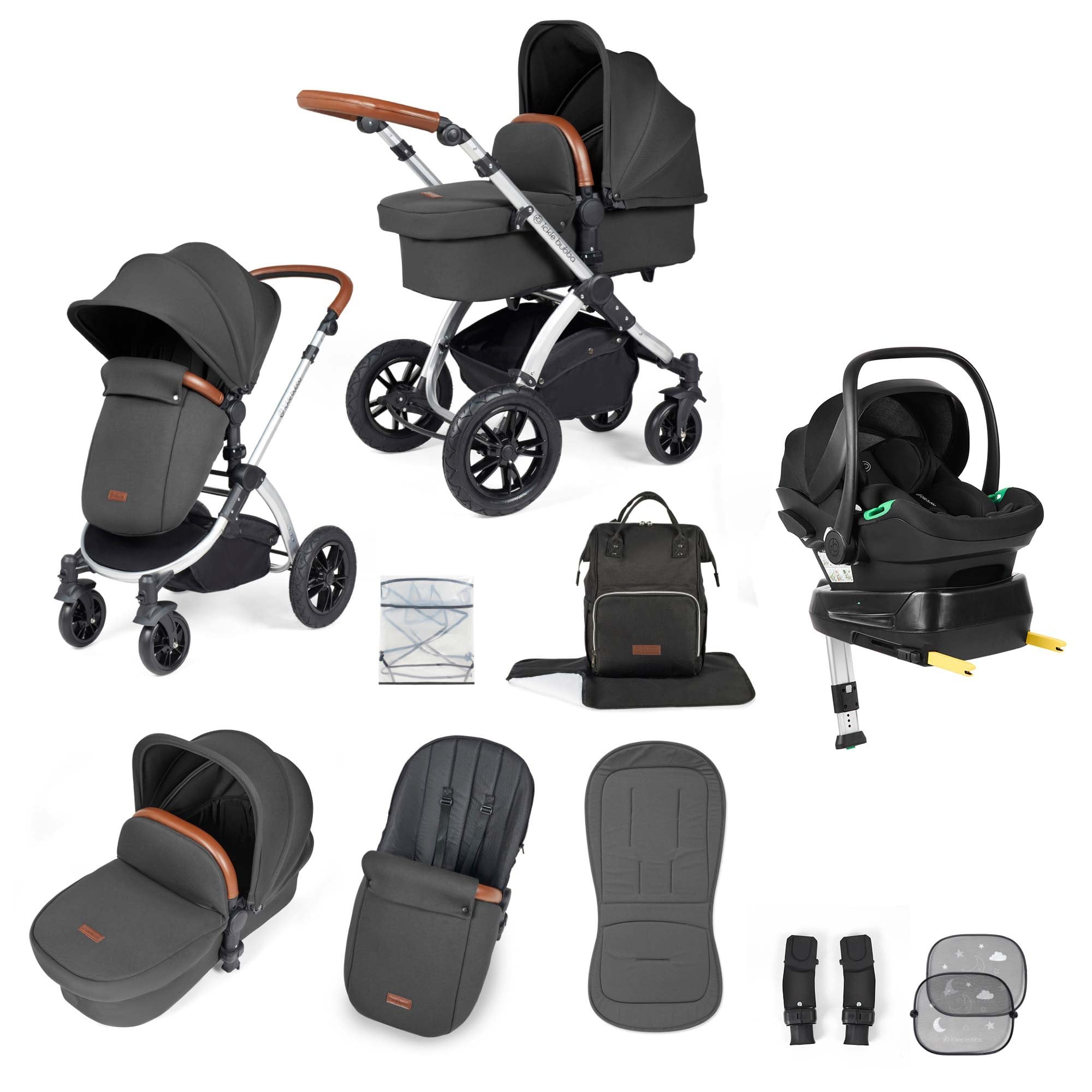 Ickle Bubba Stomp Luxe 12 Piece Travel System + Nimbus Car Seat & ISOFIX Base Charcoal Grey