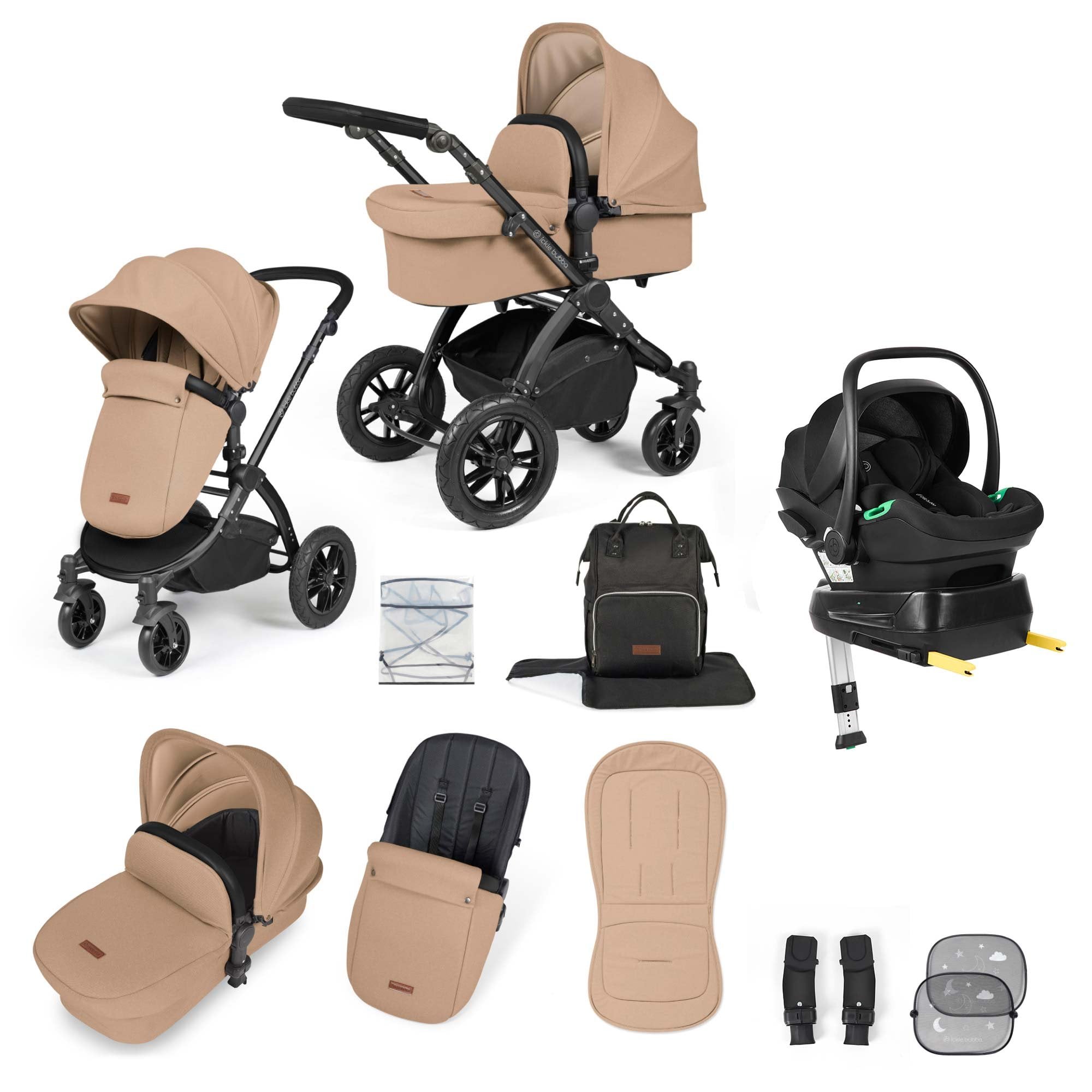 Ickle Bubba Stomp Luxe 12 Piece Travel System + Nimbus Car Seat & ISOFIX Base Desert