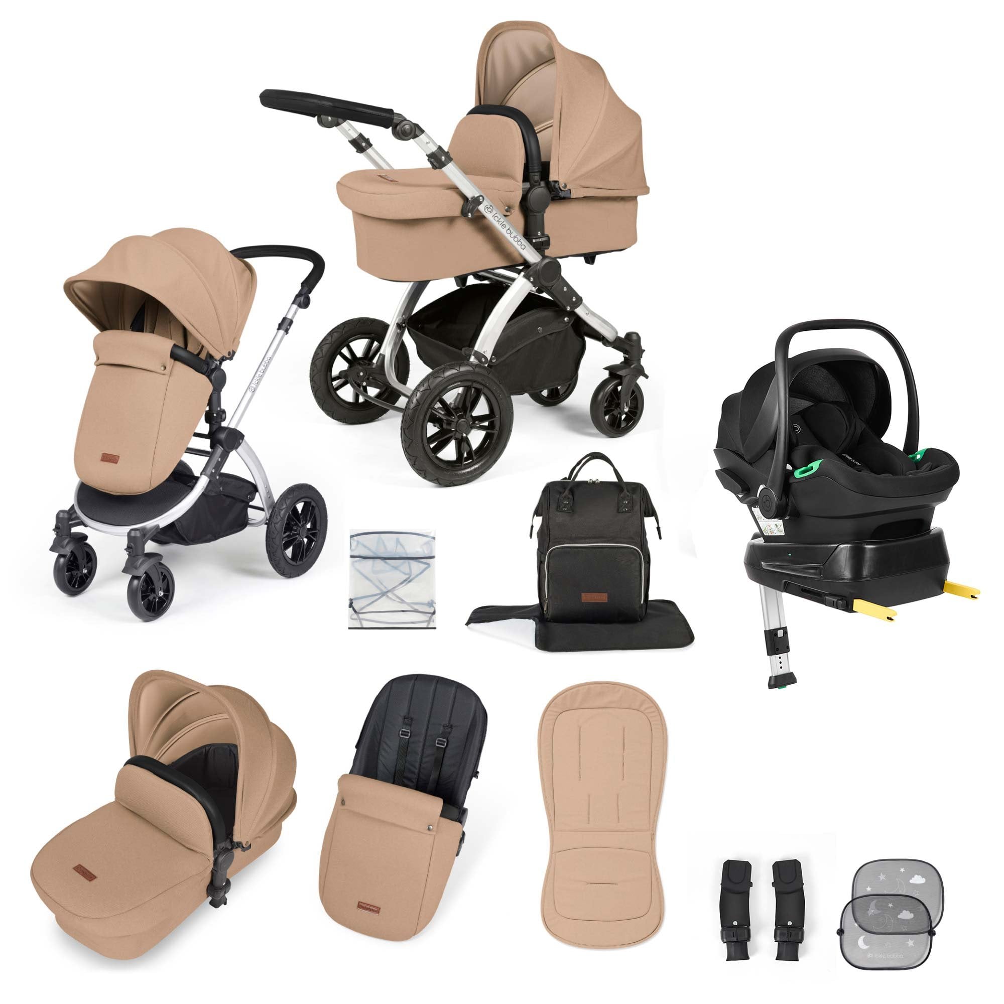 Ickle Bubba Stomp Luxe 12 Piece Travel System + Nimbus Car Seat & ISOFIX Base Desert