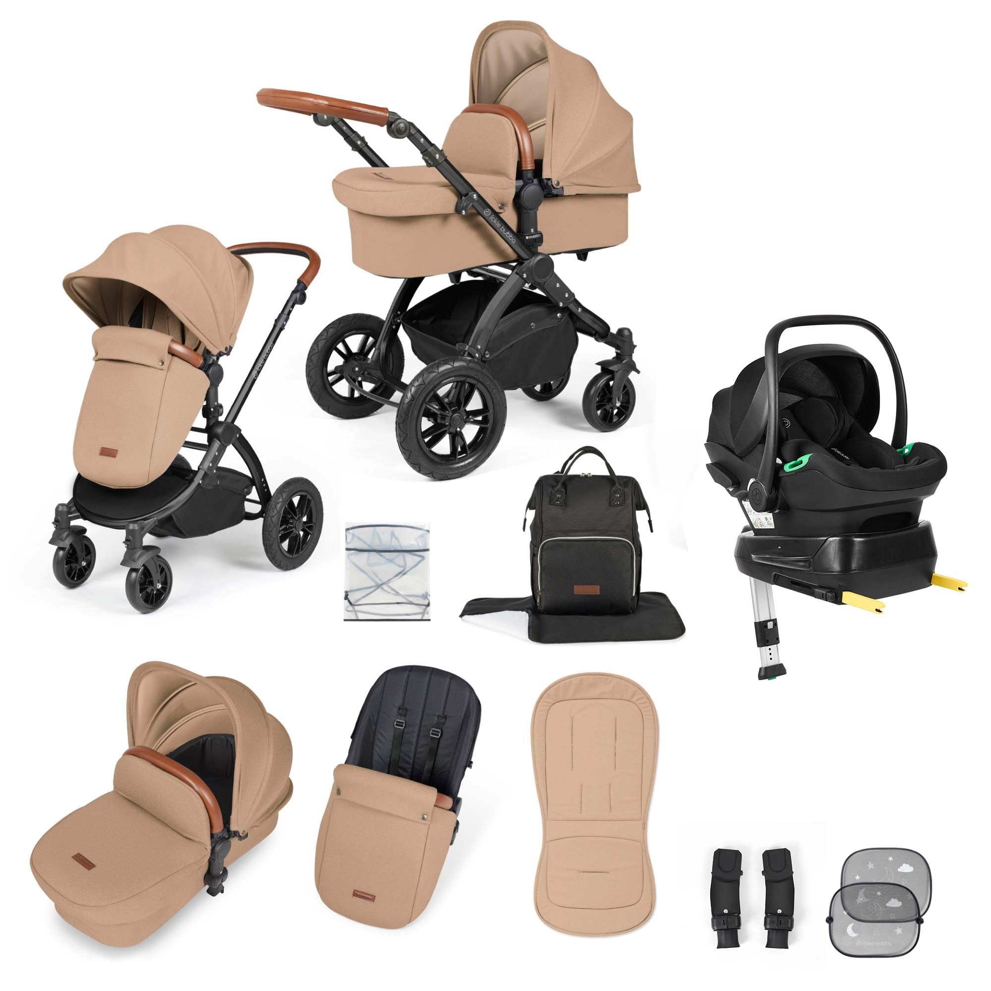 Ickle Bubba Stomp Luxe 12 Piece Travel System + Nimbus Car Seat & ISOFIX Base Desert