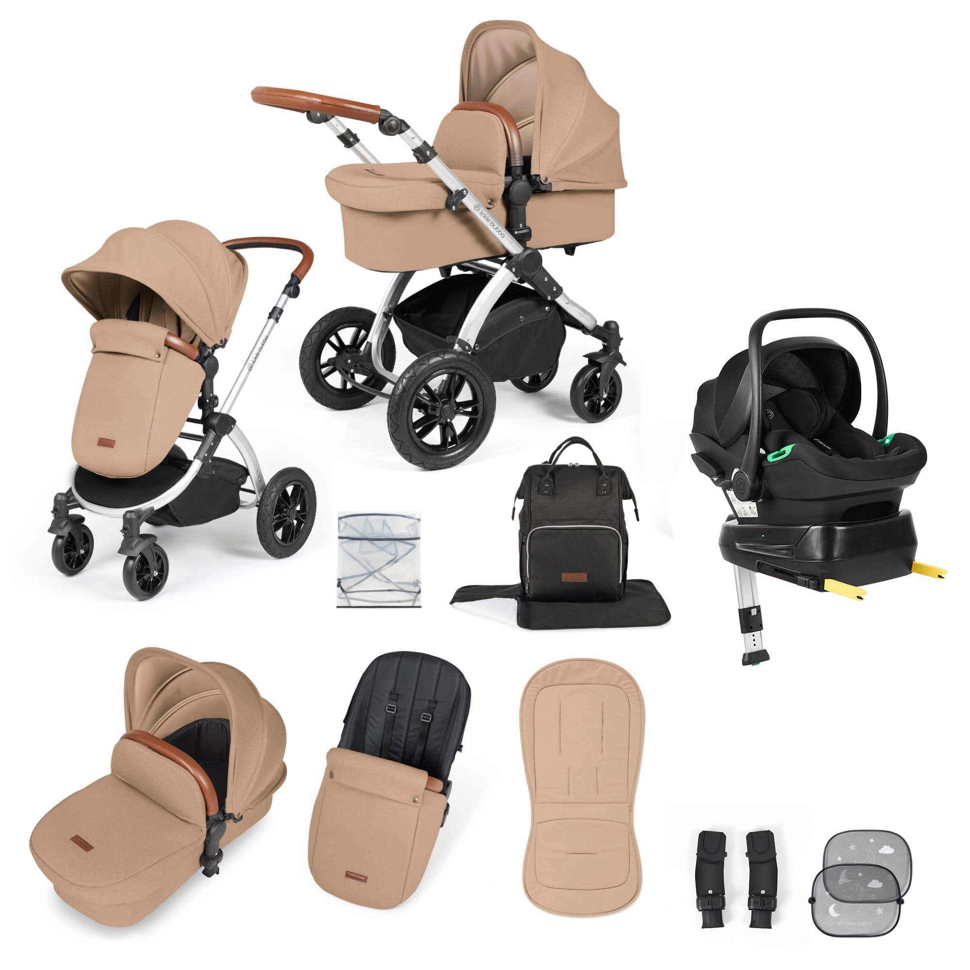 Ickle Bubba Stomp Luxe 12 Piece Travel System + Nimbus Car Seat & ISOFIX Base Desert