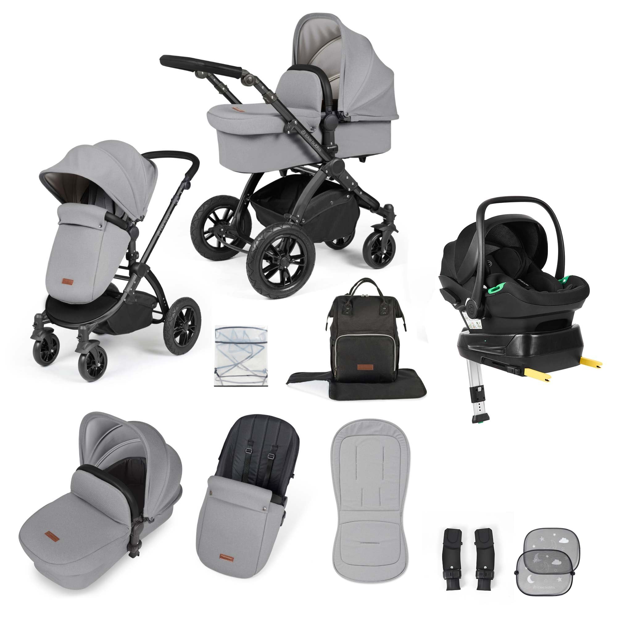 Ickle Bubba Stomp Luxe 12 Piece Travel System + Nimbus Car Seat & ISOFIX Base Pearl Grey
