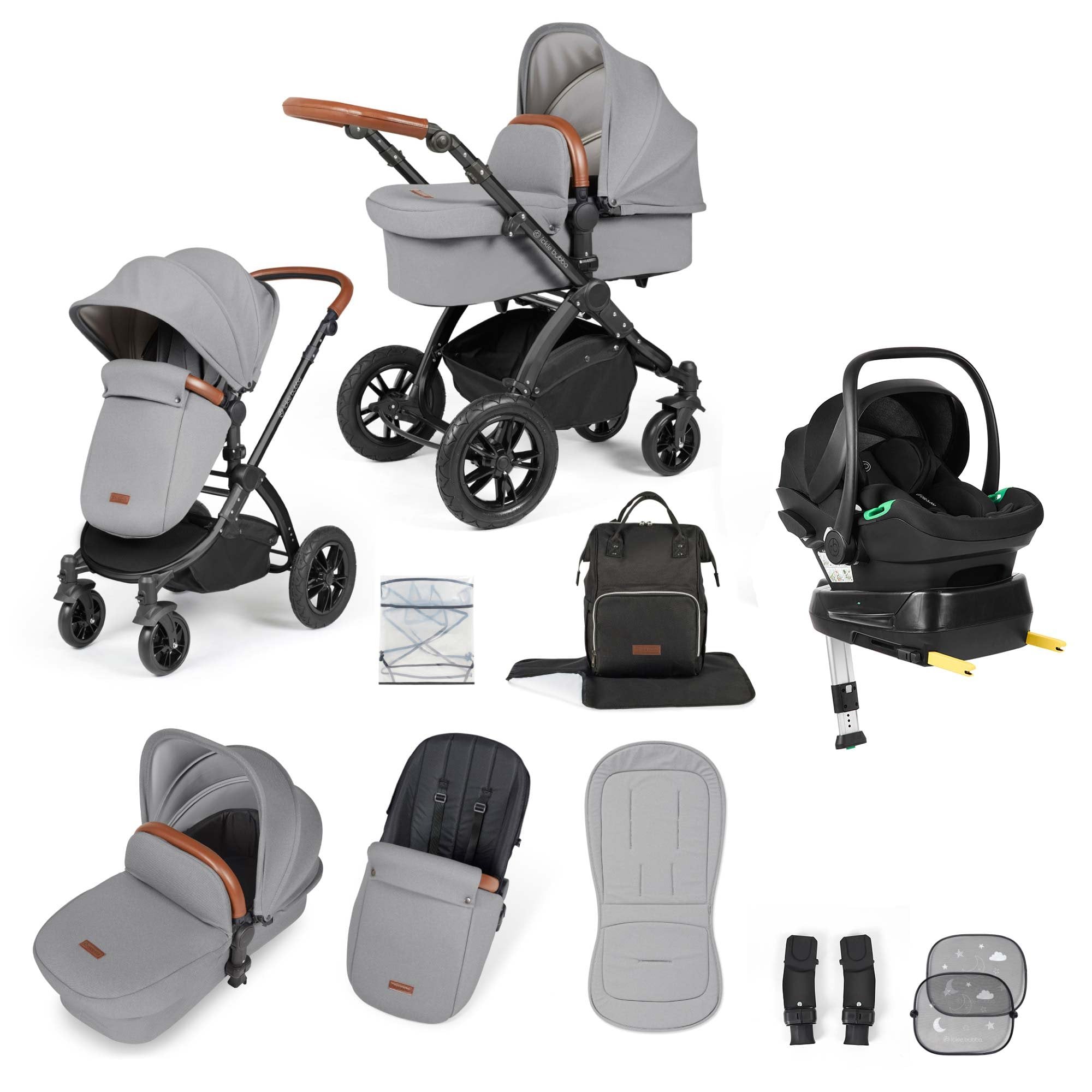 Ickle Bubba Stomp Luxe 12 Piece Travel System + Nimbus Car Seat & ISOFIX Base Pearl Grey