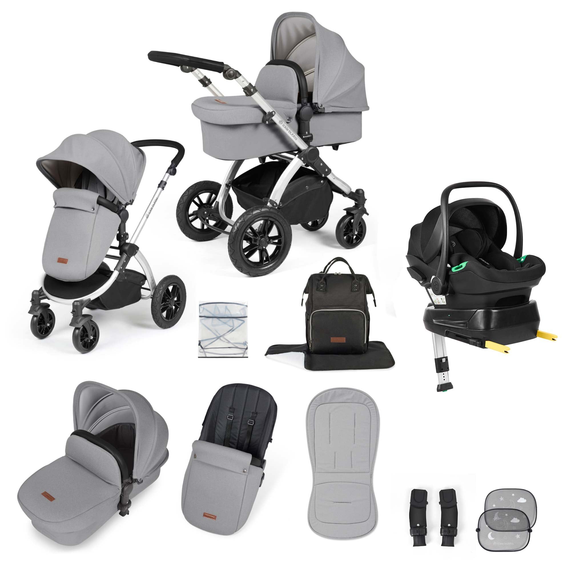 Ickle Bubba Stomp Luxe 12 Piece Travel System + Nimbus Car Seat & ISOFIX Base Pearl Grey