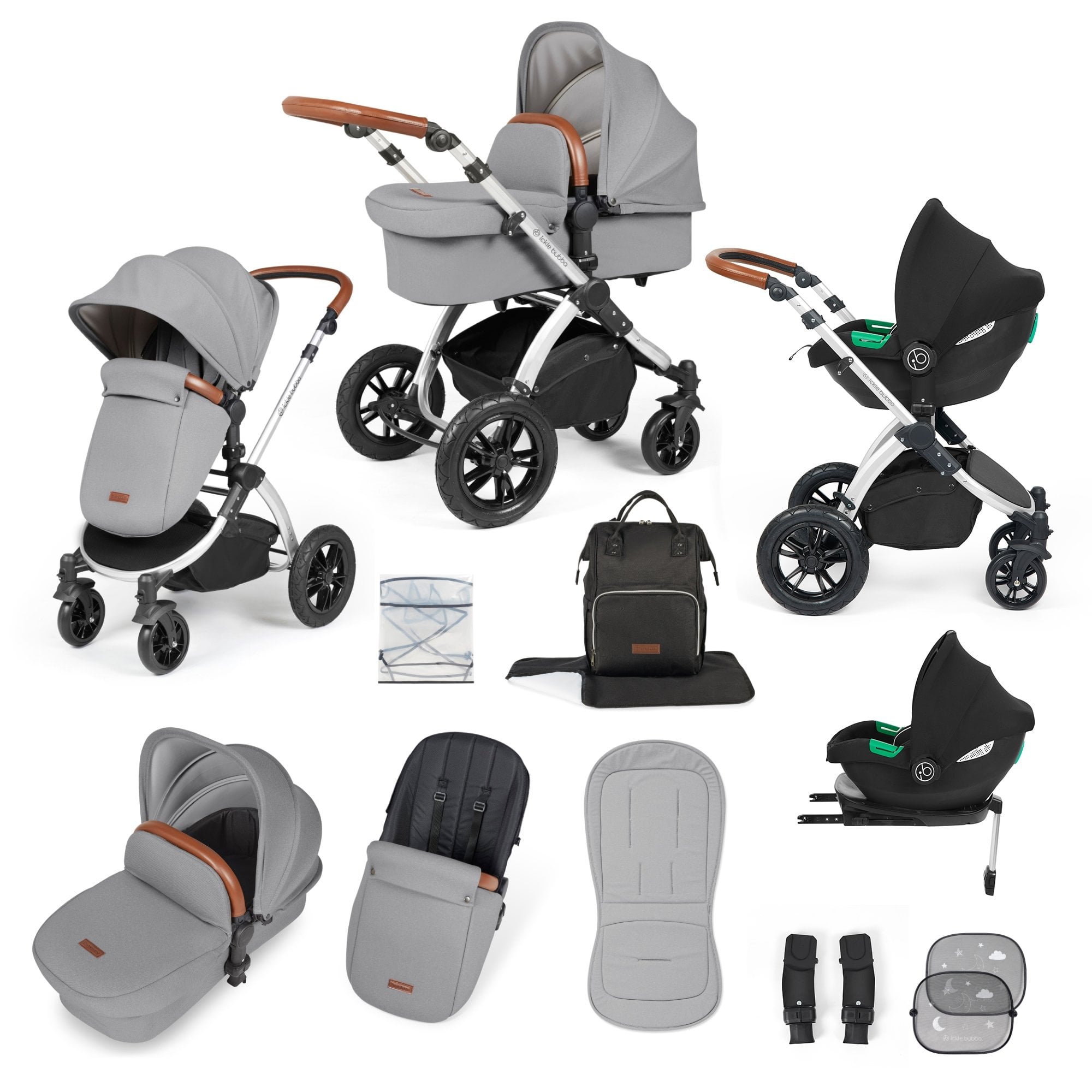 Ickle Bubba Stomp Luxe 12 Piece Travel System + Nimbus Car Seat & ISOFIX Base Pearl Grey