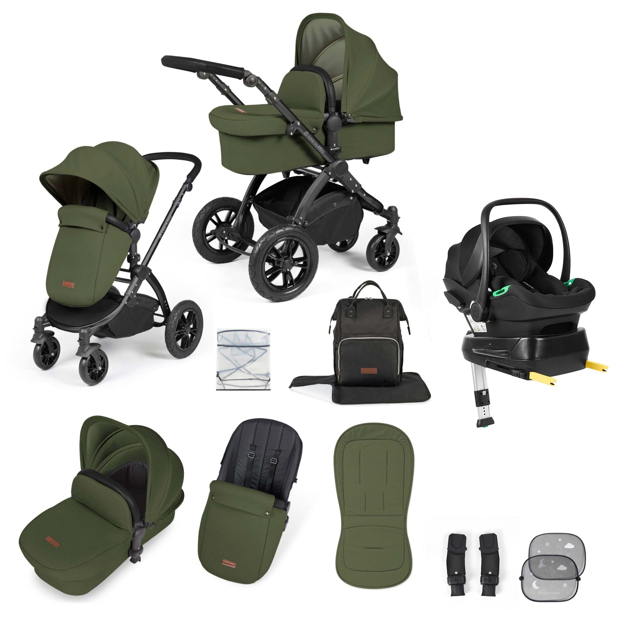Ickle Bubba Stomp Luxe 12 Piece Travel System + Nimbus Car Seat & ISOFIX Base Woodland