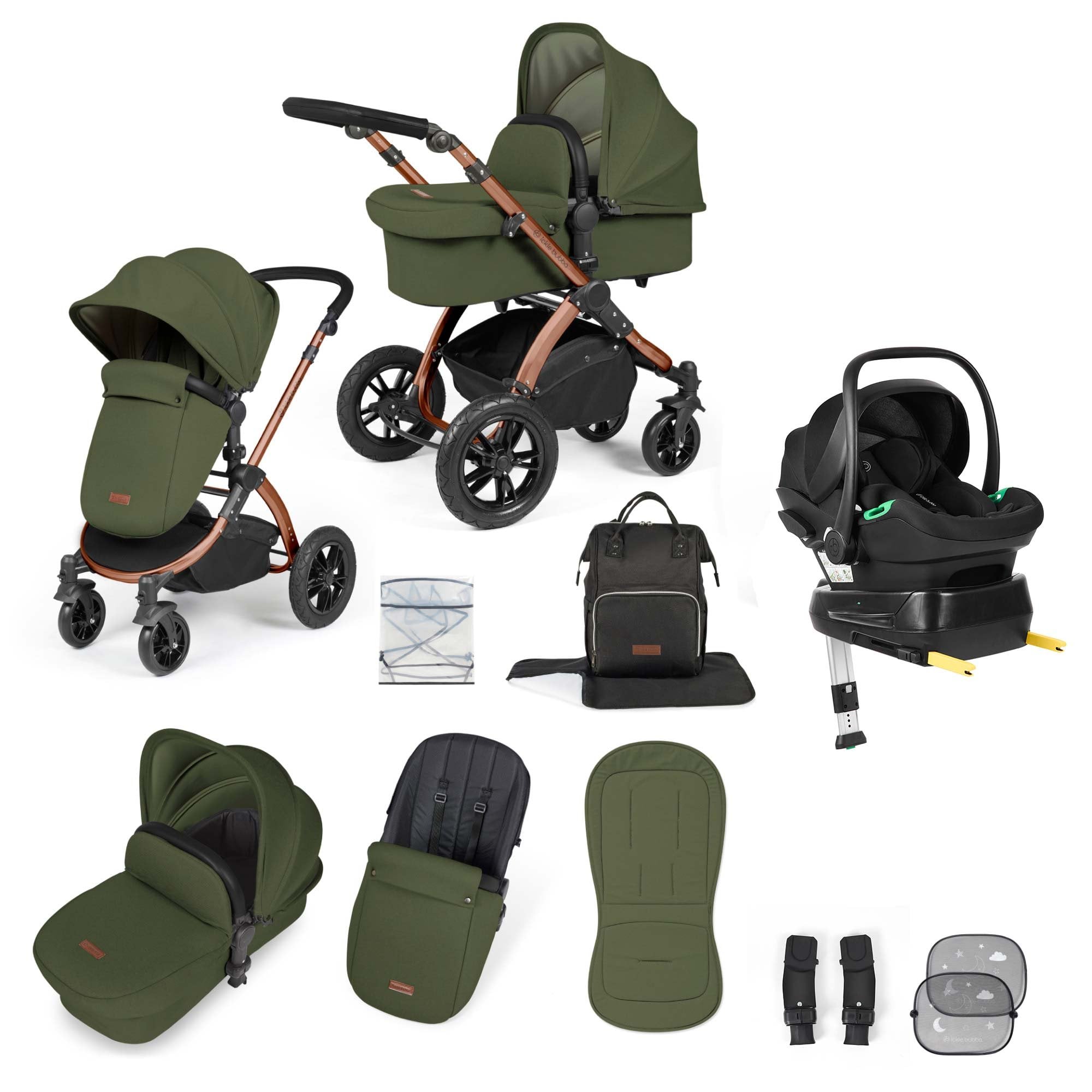 Ickle Bubba Stomp Luxe 12 Piece Travel System + Nimbus Car Seat & ISOFIX Base Woodland