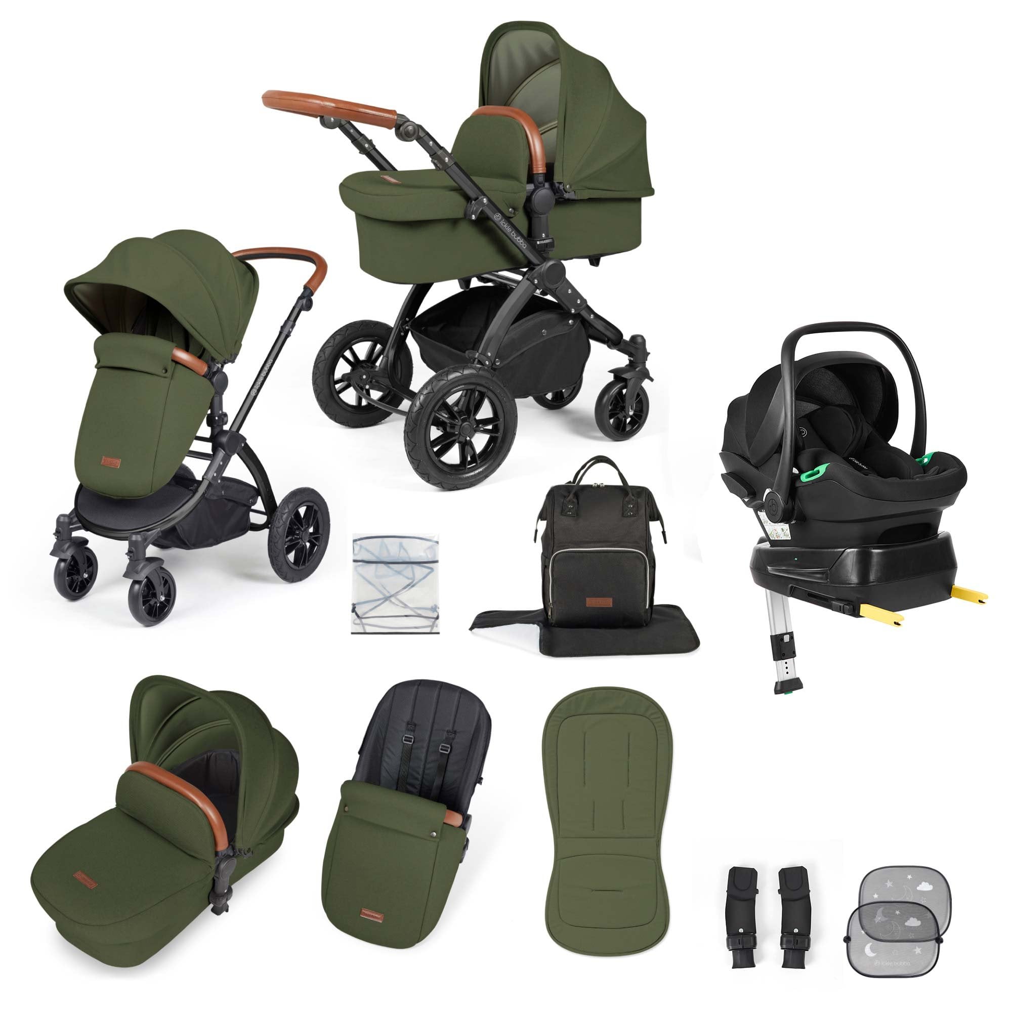 Ickle Bubba Stomp Luxe 12 Piece Travel System + Nimbus Car Seat & ISOFIX Base Woodland