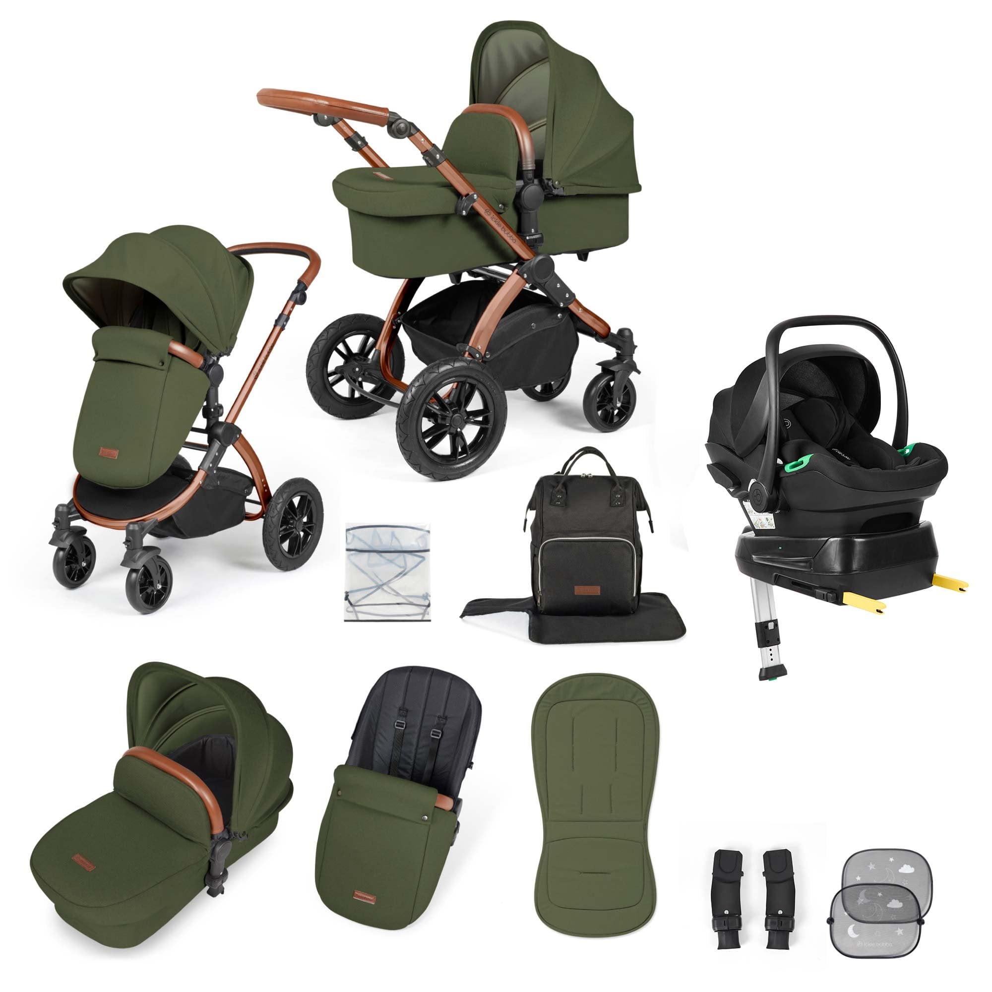 Ickle Bubba Stomp Luxe 12 Piece Travel System + Nimbus Car Seat & ISOFIX Base Woodland