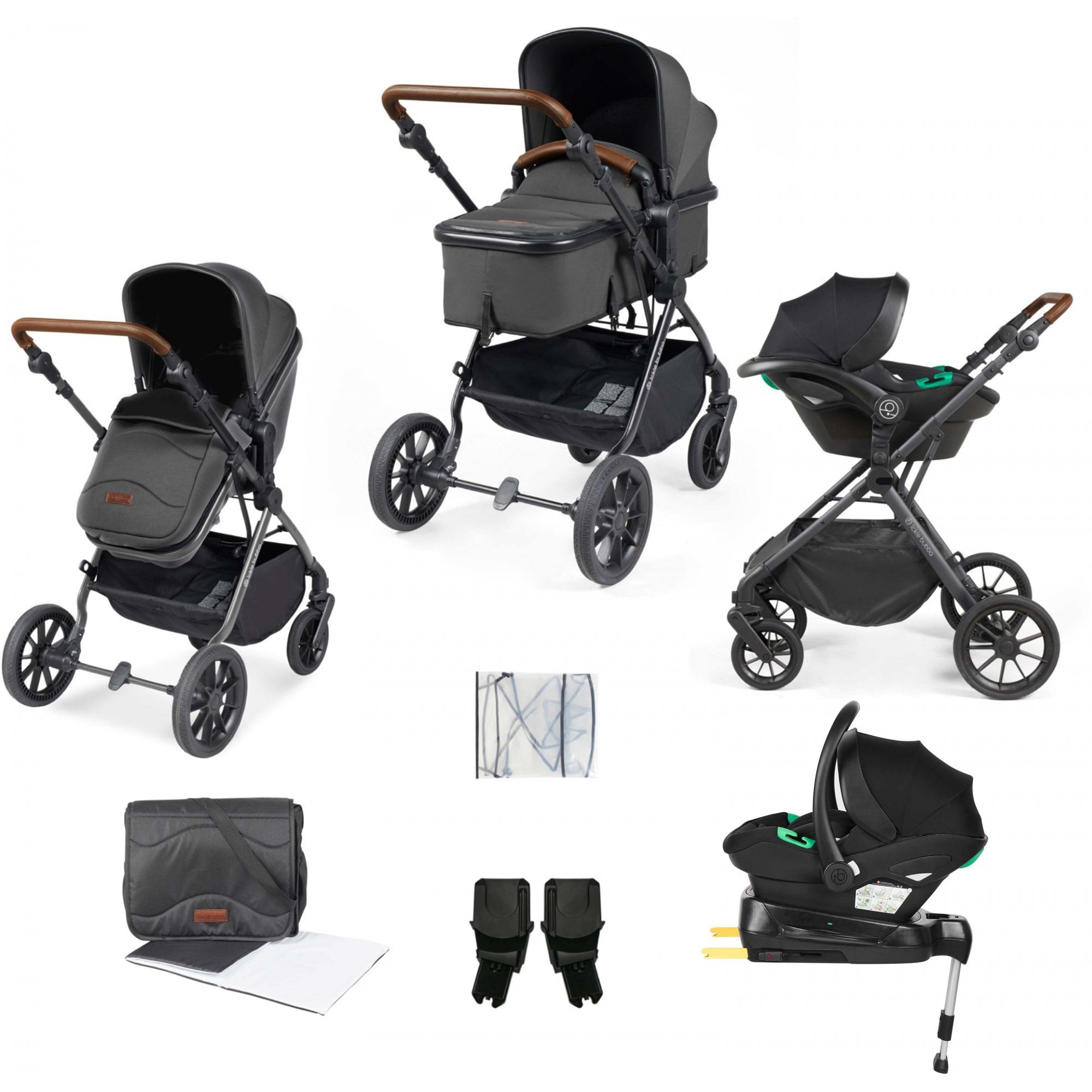 Ickle Bubba Cosmo 9 Piece Travel System+ Numbus Car Seat & ISOFIX Base Graphite Grey