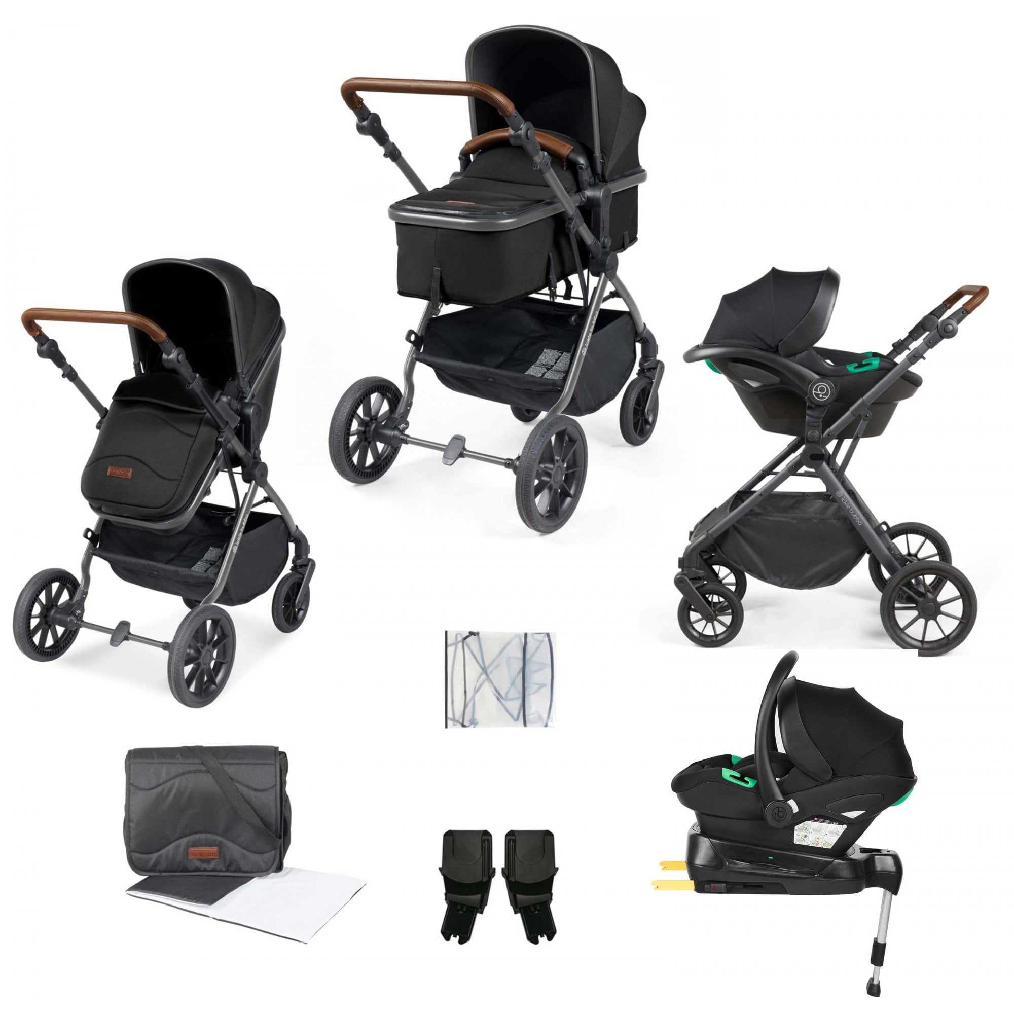 Ickle Bubba Cosmo 9 Piece Travel System + Nimbus i-Size Car Seat & Spin ISOFIX Base Black