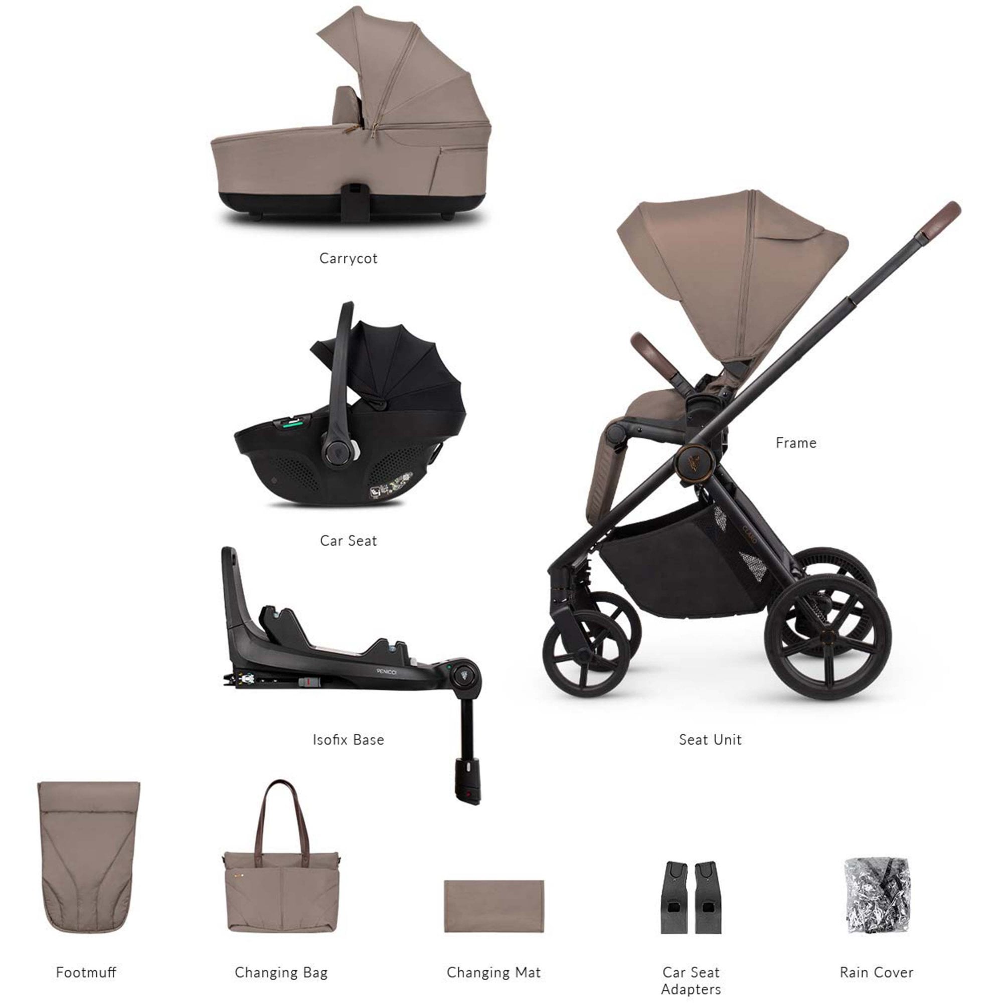 Venicci Claro 3in1 Pram & Base Almond + Taigo Black & Base