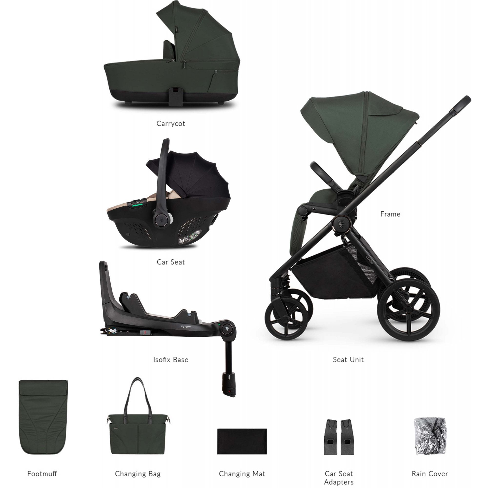 Venicci Claro 3in1 Pram & Base Forest + Tiago Beige & Base