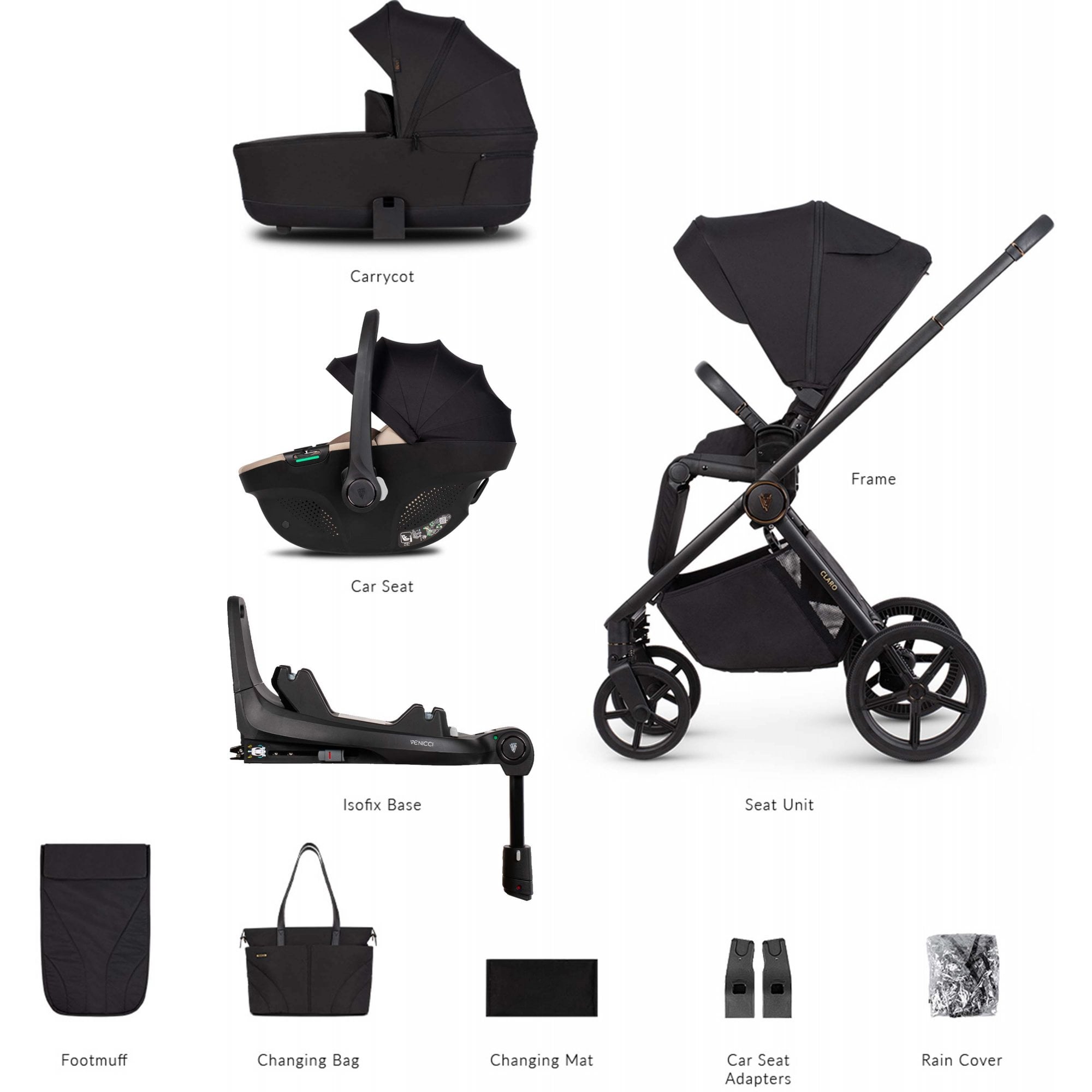 Venicci Claro 3in1 Pram & Base Noir + Tiago Beige & Base