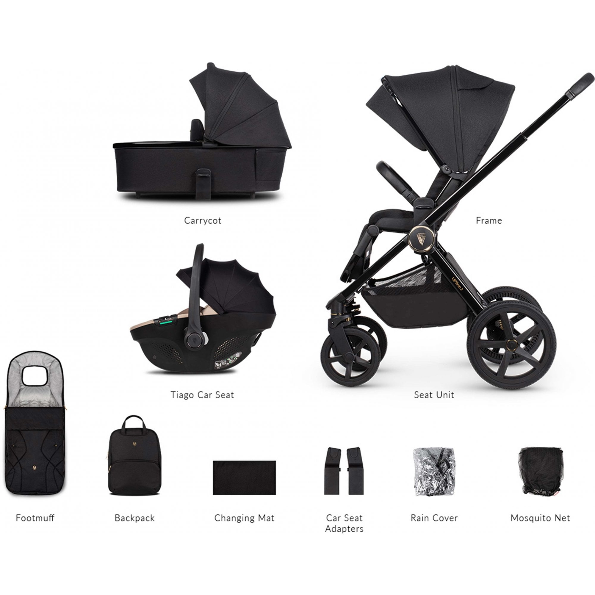 Venicci Upline 2 All Black 3in1 Travel System + Tiago Beige
