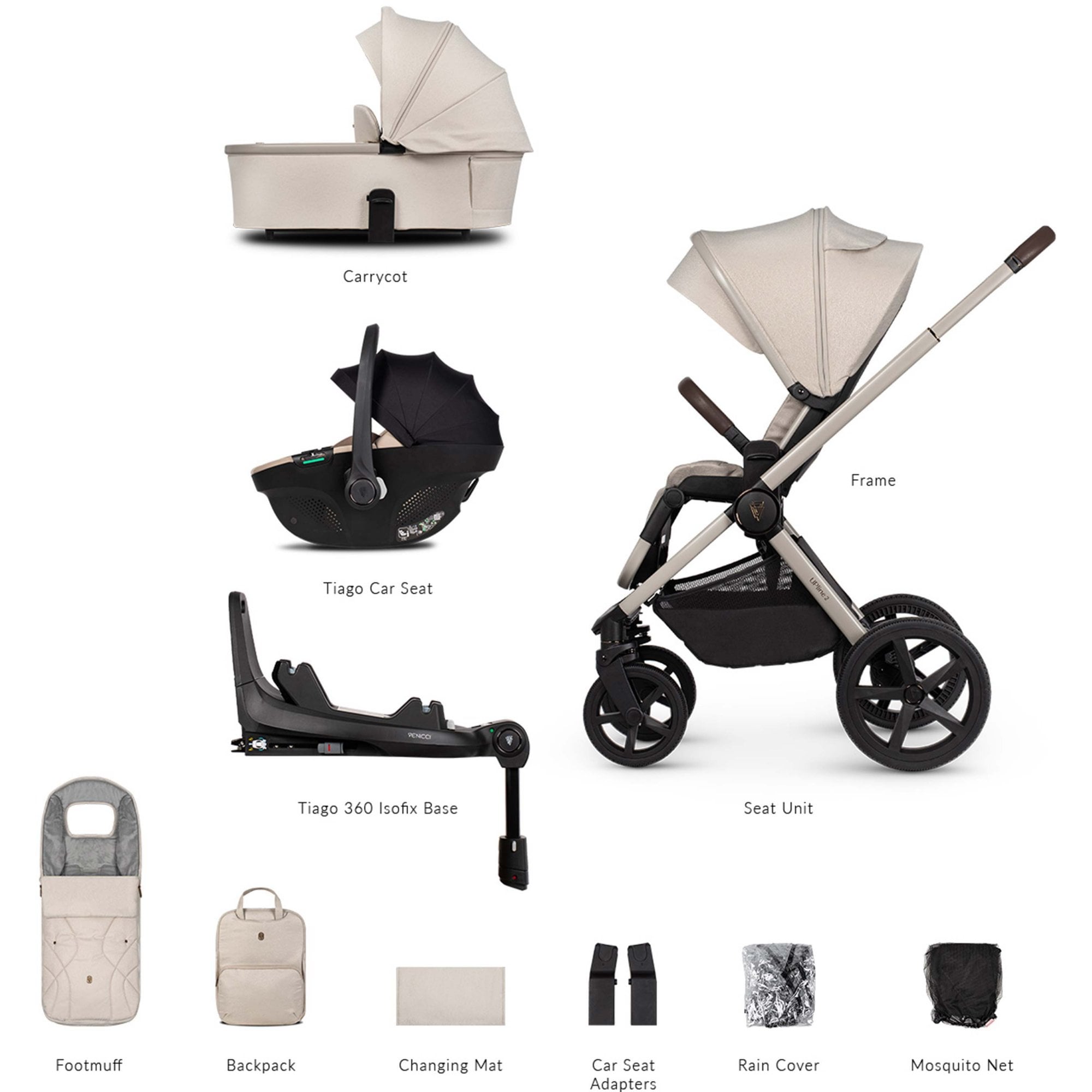 Venicci Upline 2 Stone Beige 3in1 Travel System + Tiago Beige & Base