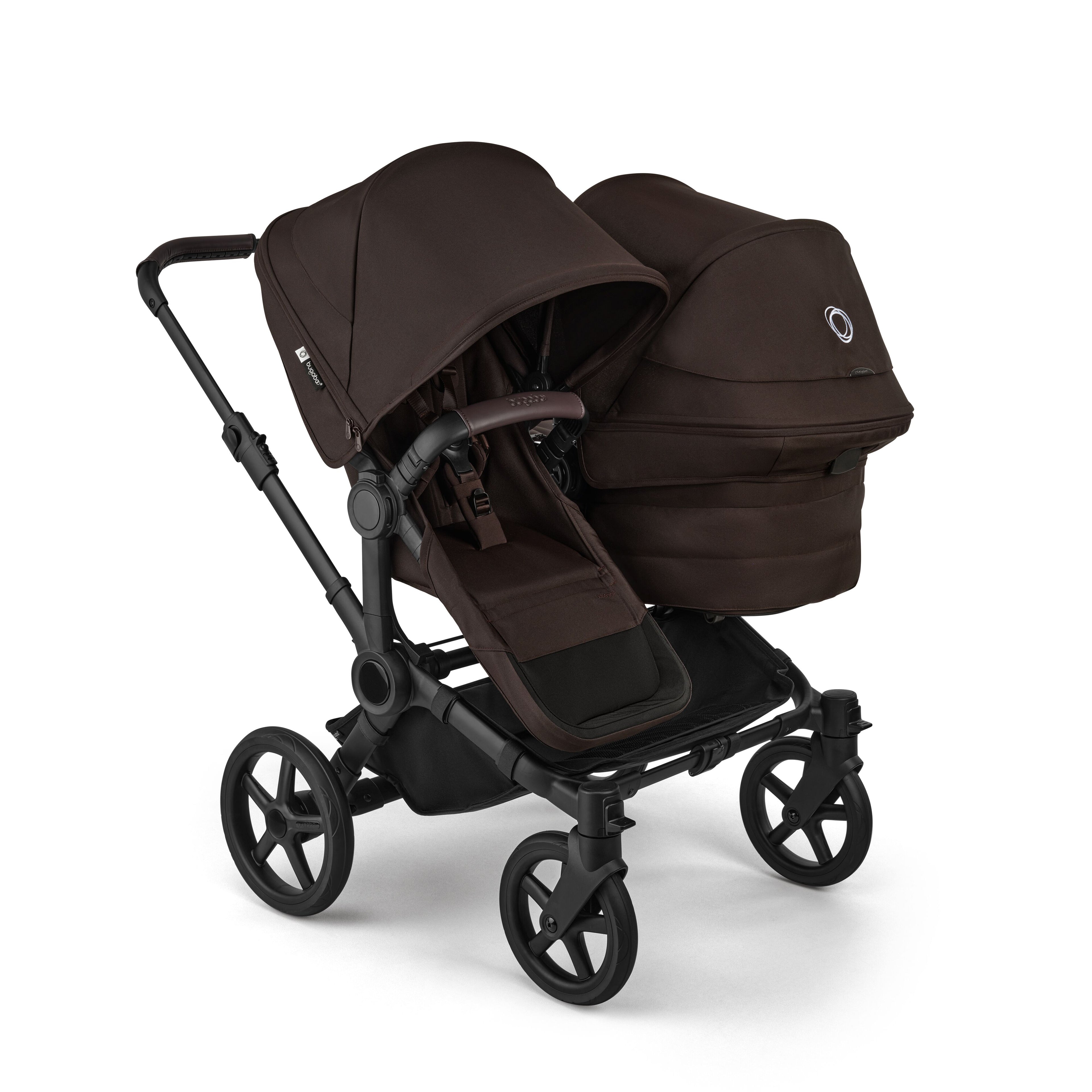 Brown Bugaboo Donkey 6 double stroller on a white background
